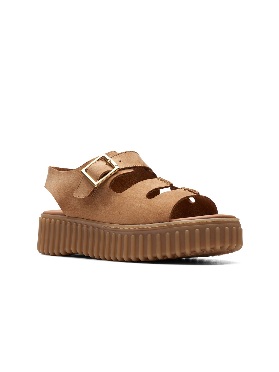 

Clarks Leather Open Toe Flats with Buckles, Tan