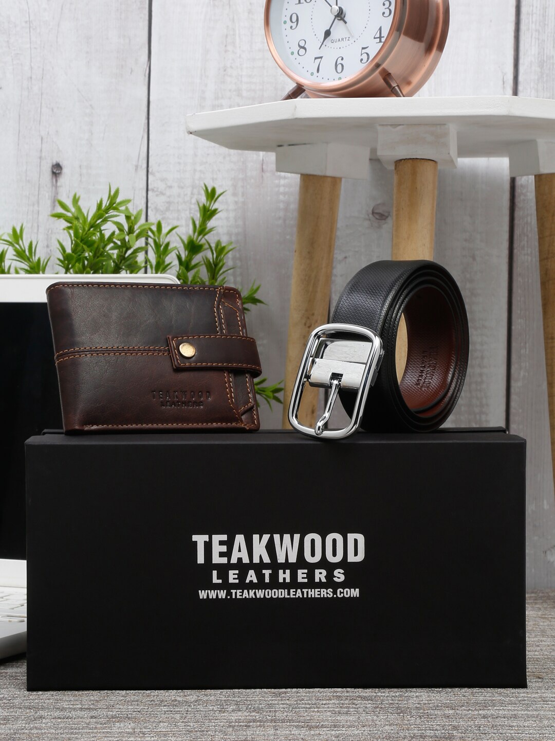 

Teakwood Leathers Men Textured Reversible Belt & Wallet Combo Accessory Gift Set, Brown