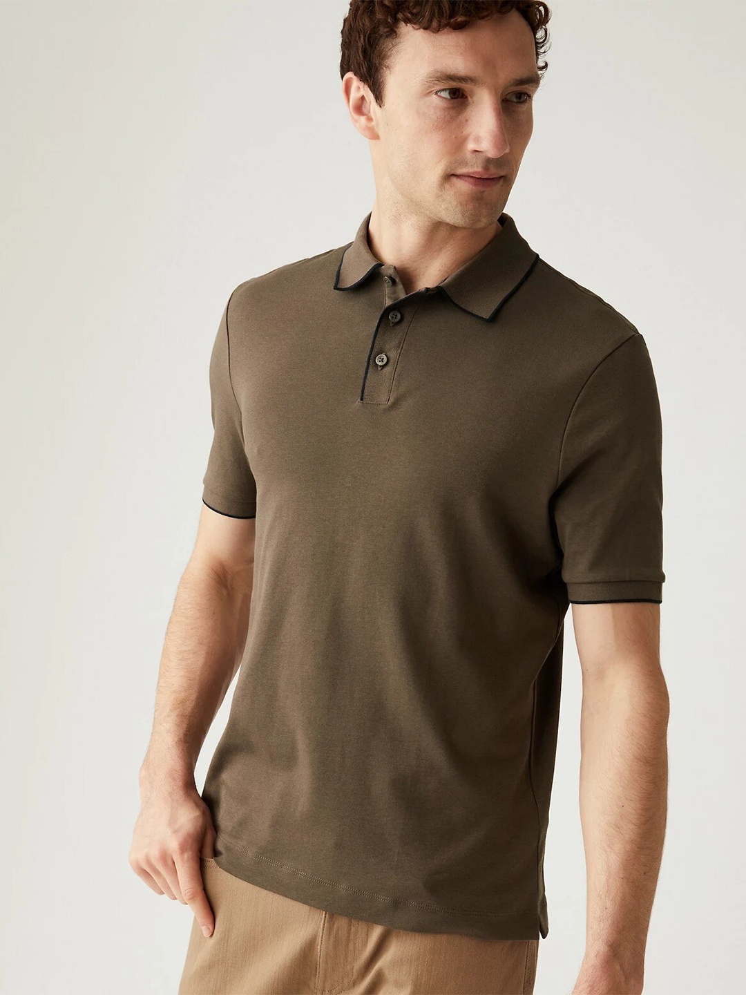 

Marks & Spencer Polo Collar Pure Cotton T-shirt, Brown