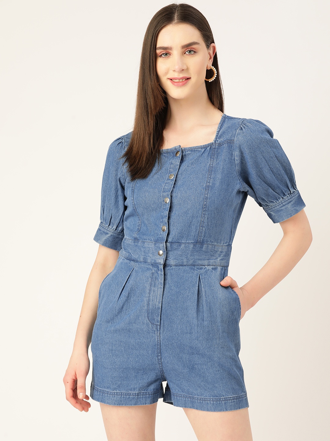 

MISRI Square Neck Denims Jumpsuit, Blue