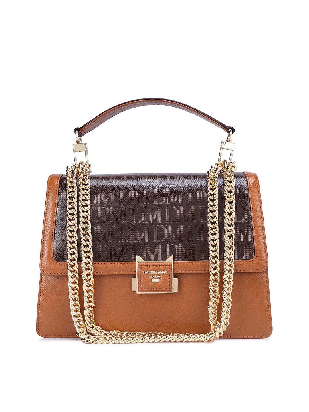 

Da Milano Typography Printed Leather Structured Satchel, Brown