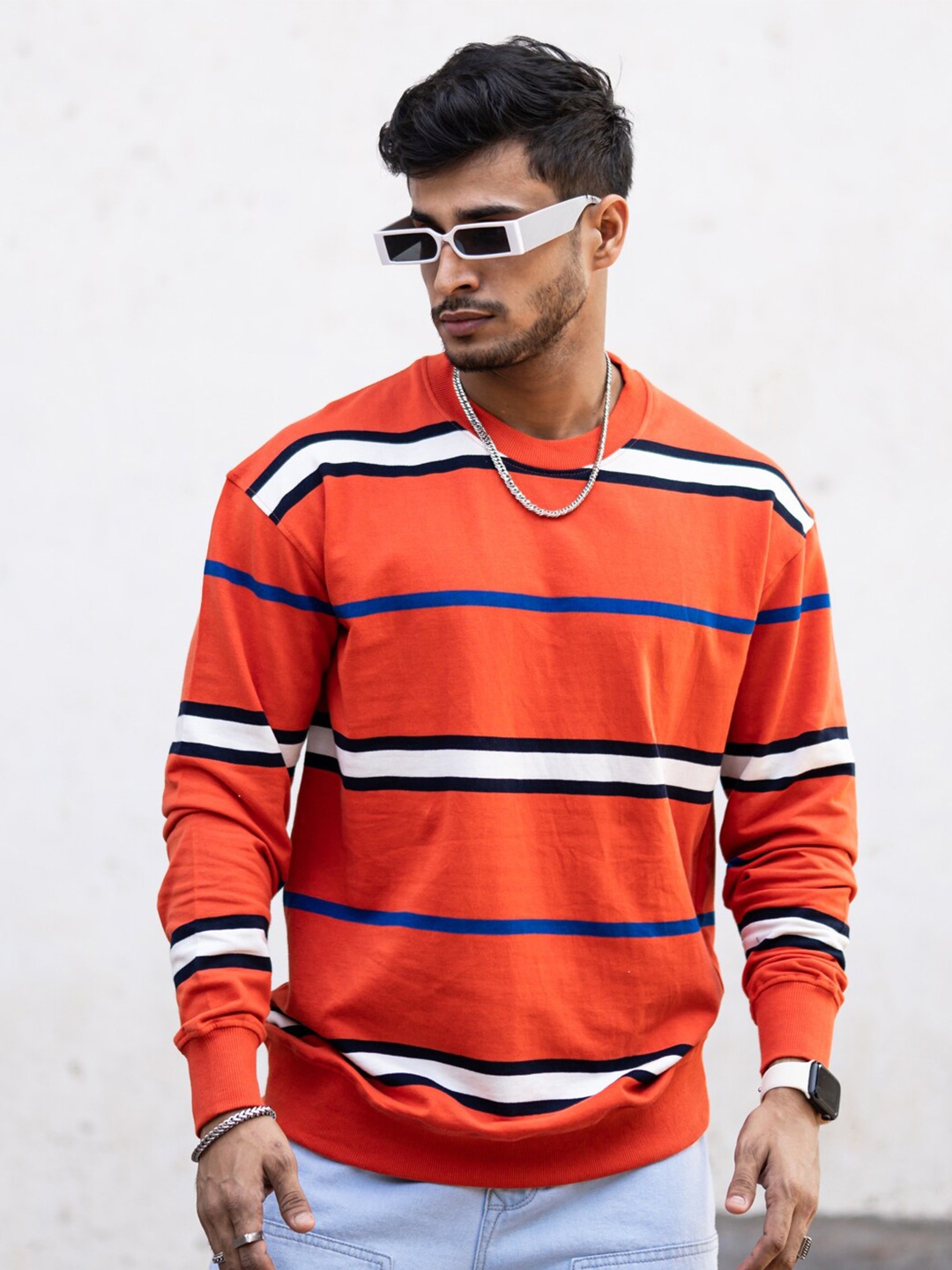 

Powerlook Striped Round Neck Long Sleeves Sweatshirt, Orange