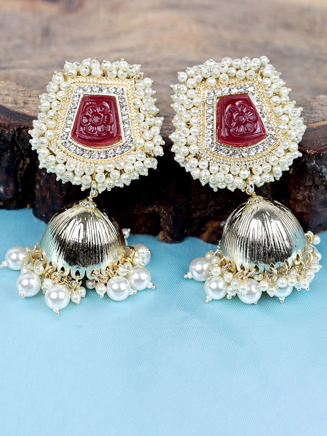 

VAGHBHATT Gold Plated Dome Shaped Jhumkas Earrings, Maroon