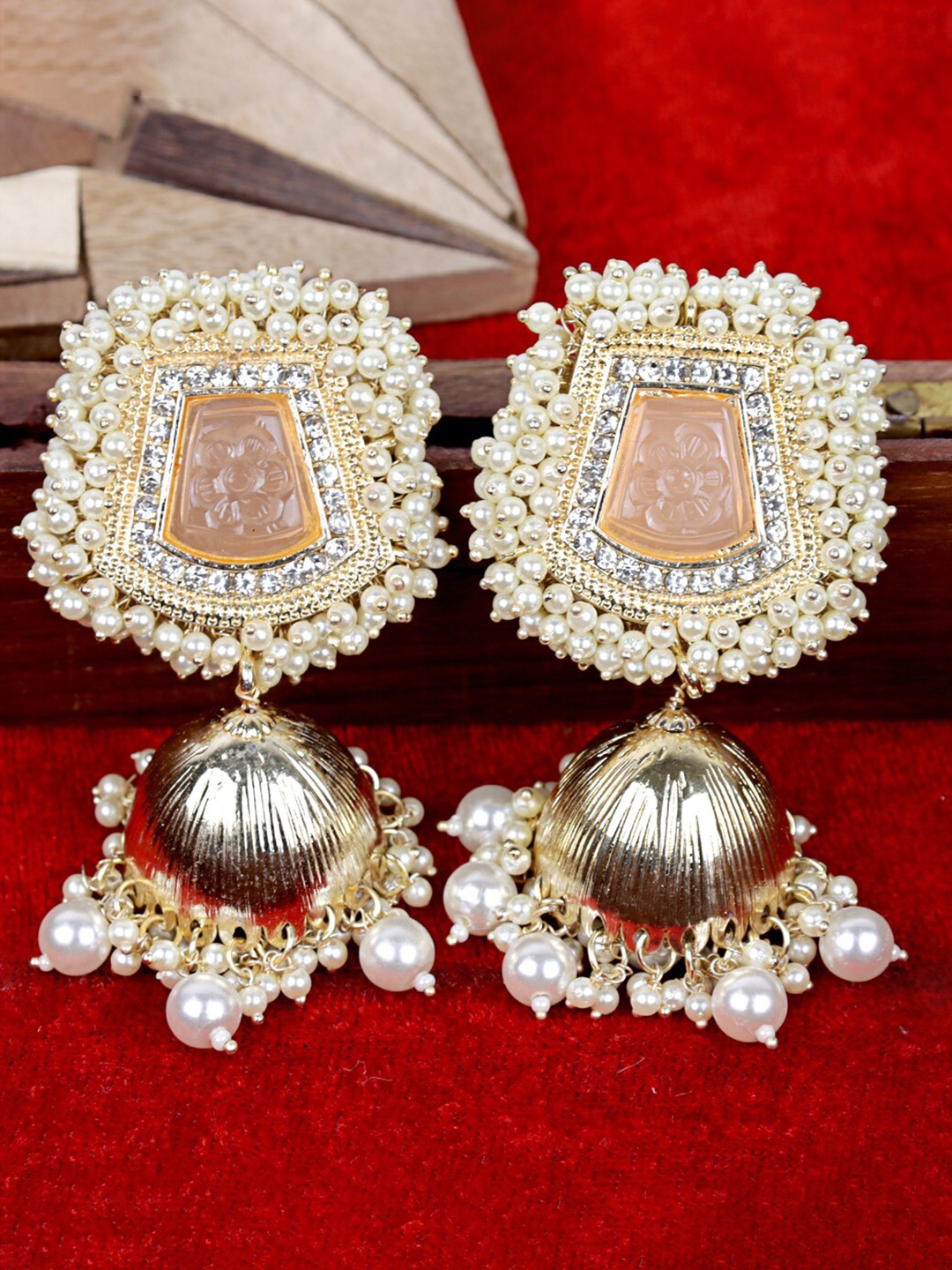 

VAGHBHATT Gold-Plated Dome Shaped Stone With Pearl Jhumkas Earrings, Peach