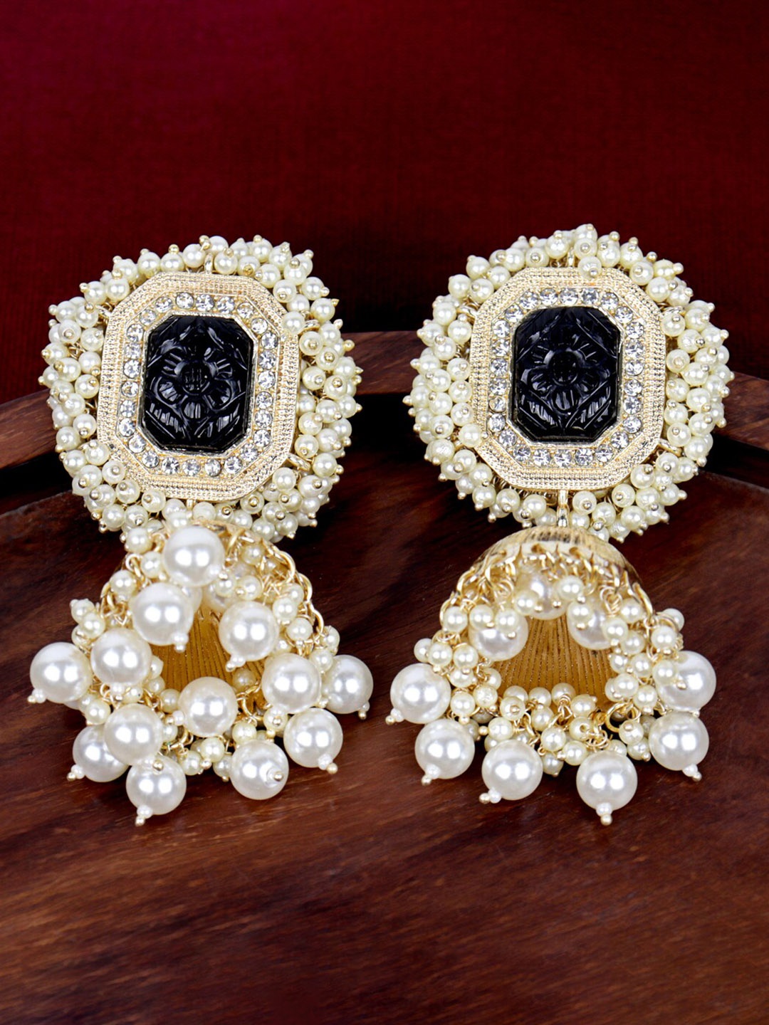 

VAGHBHATT Gold-Plated Stone Studded & Beaded Dome Shaped Jhumkas, Black