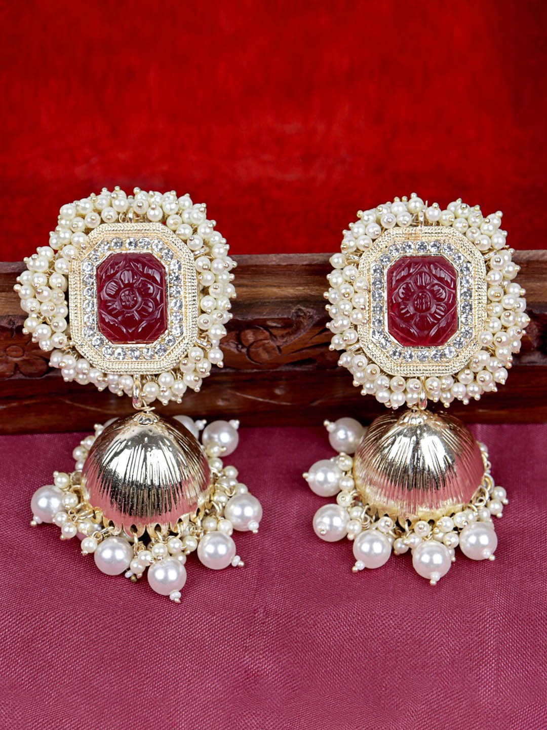 

VAGHBHATT Gold-Plated Stone Studded & Beaded Dome Shaped Jhumkas, Maroon