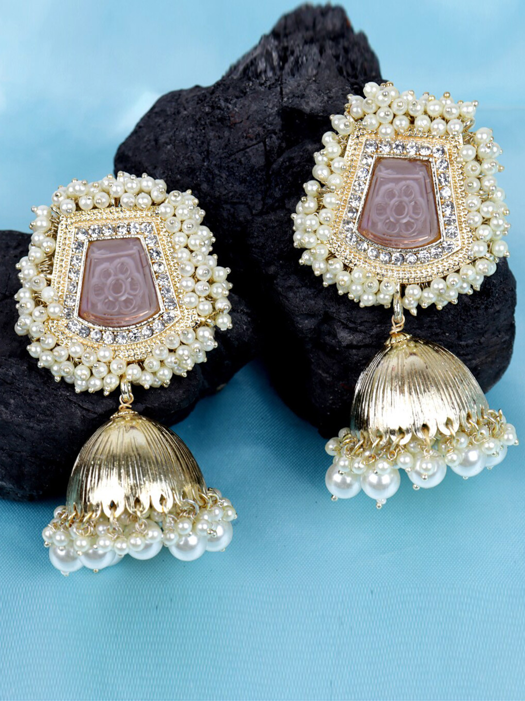 

VAGHBHATT Gold-Plated Beaded Dome Shaped Jhumkas, Pink
