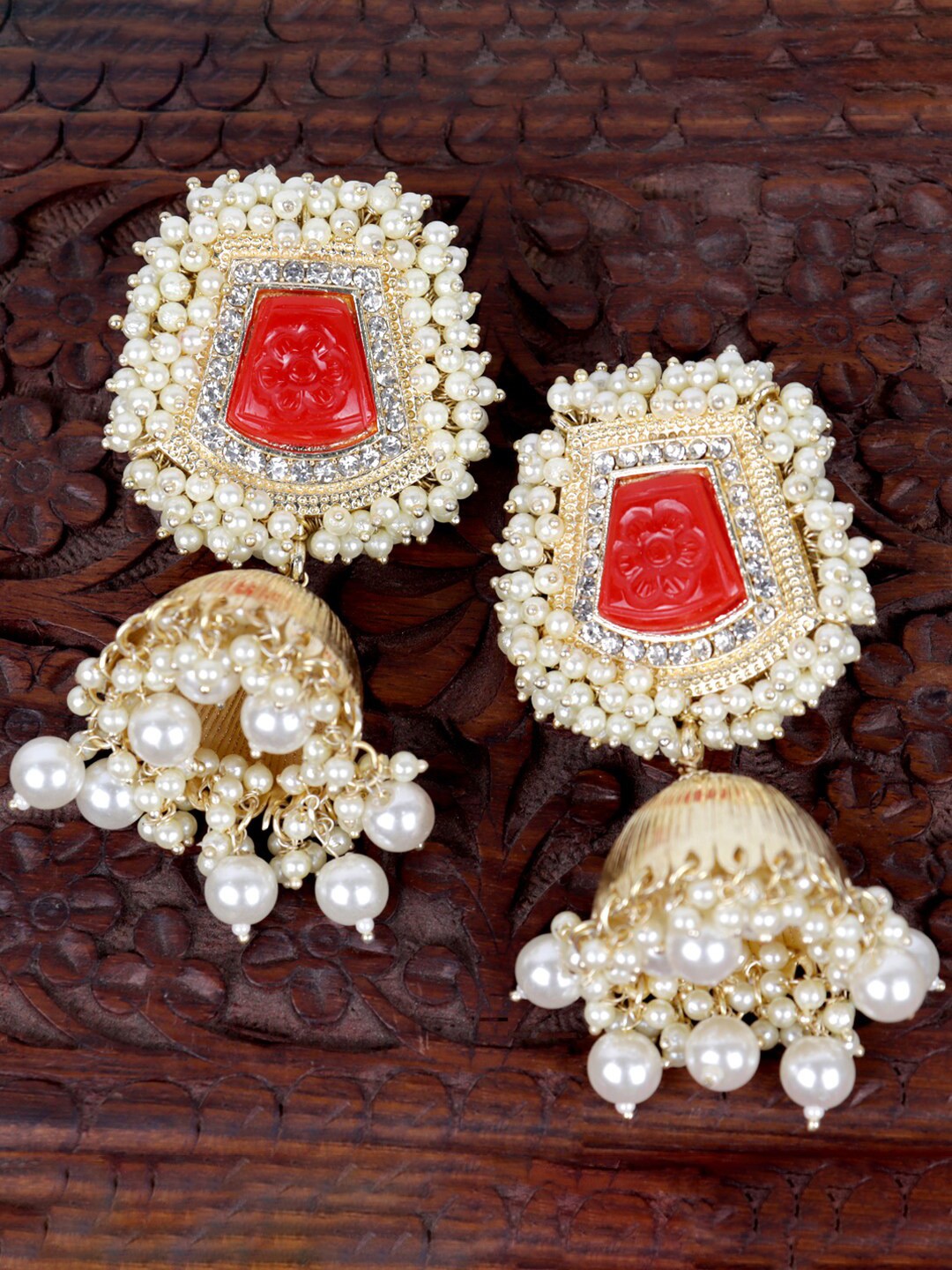 

VAGHBHATT Gold-Plated Stone Studded & Beaded Dome Shaped Jhumkas Earrings, Red