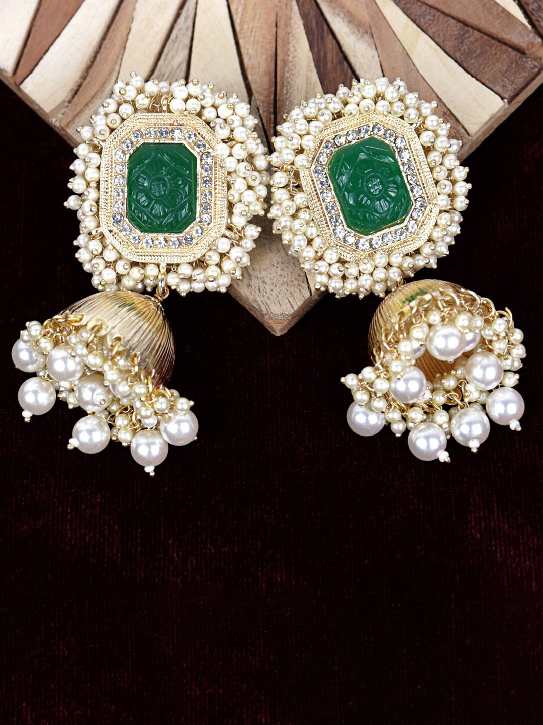 

VAGHBHATT Gold-Plated Stone Studded & Beaded Square Jhumkas Earrings, Green