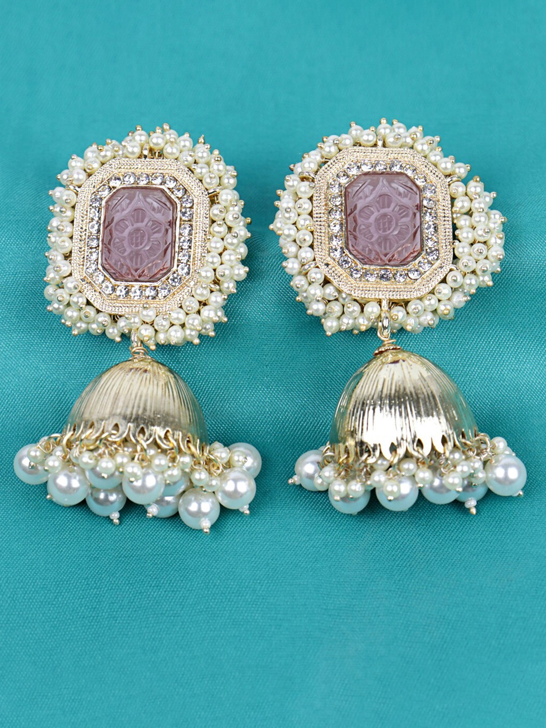 

VAGHBHATT Gold-Plated Stone Studded & Beaded Square Jhumkas Earrings, Peach