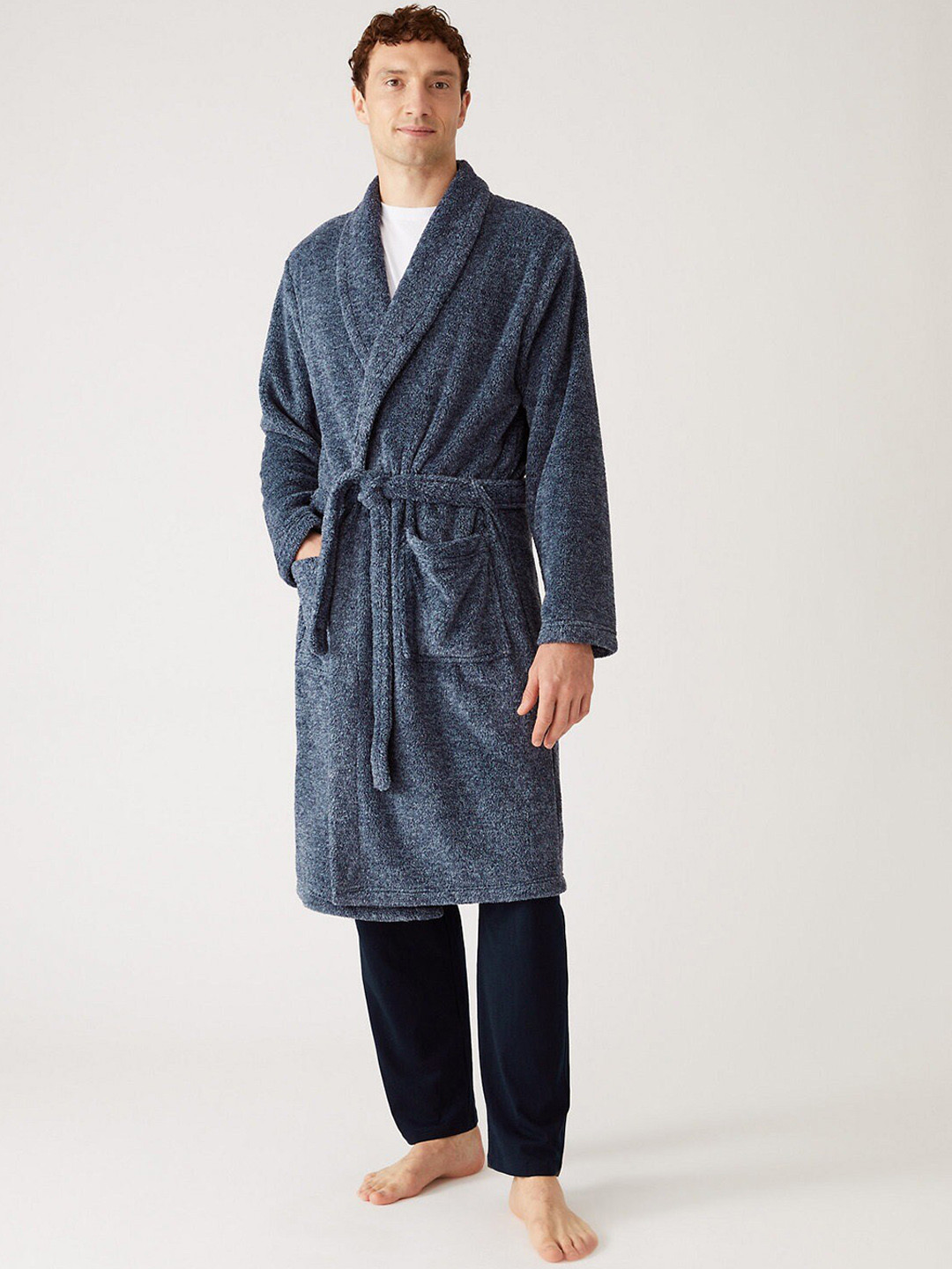 

Marks & Spencer Men Knee Length Waist Tie-Up Robe, Blue