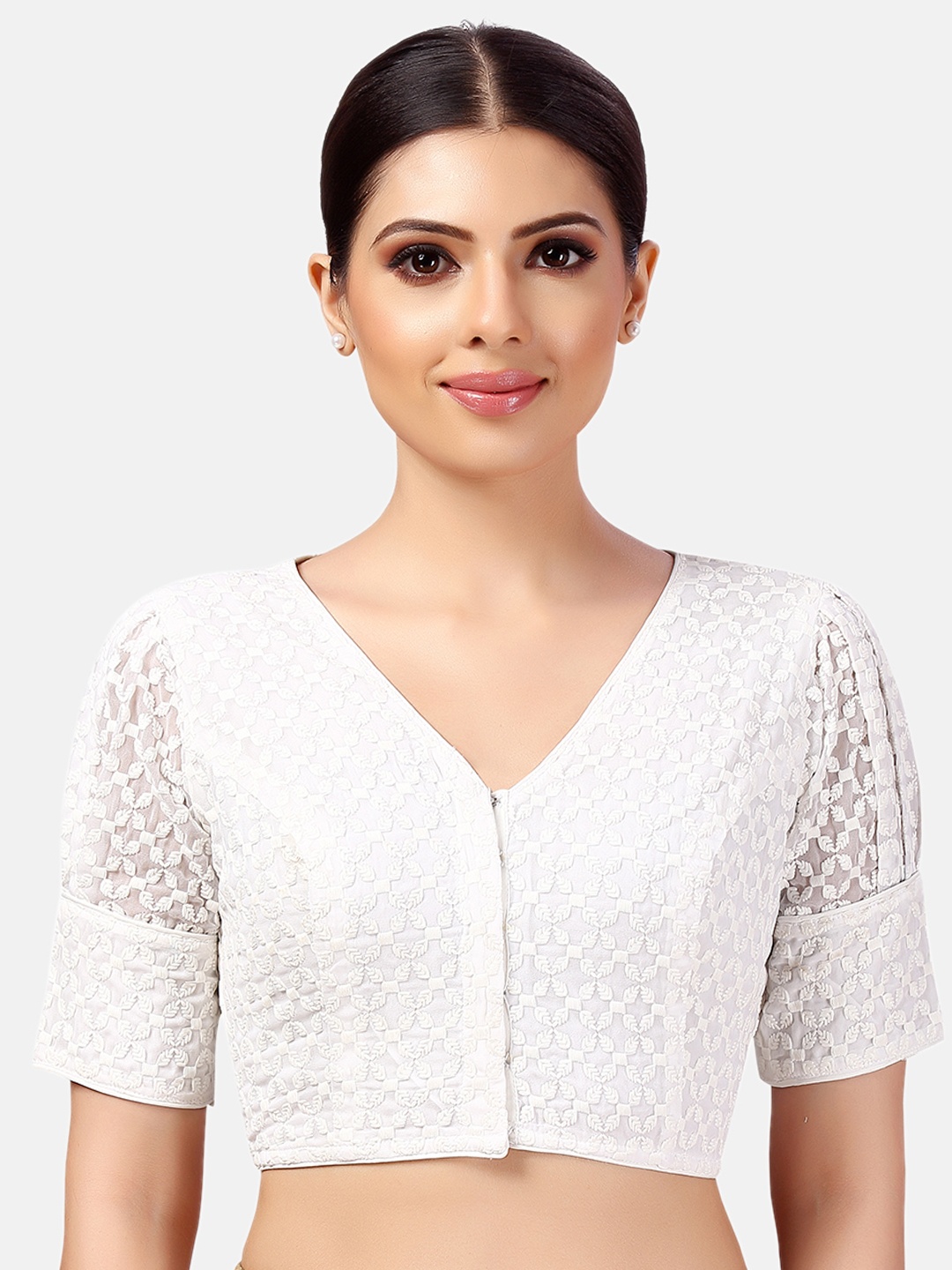 

Studio Shringaar Embroidered Pure Georgette V-Neck Chikankari Saree Blouse, White