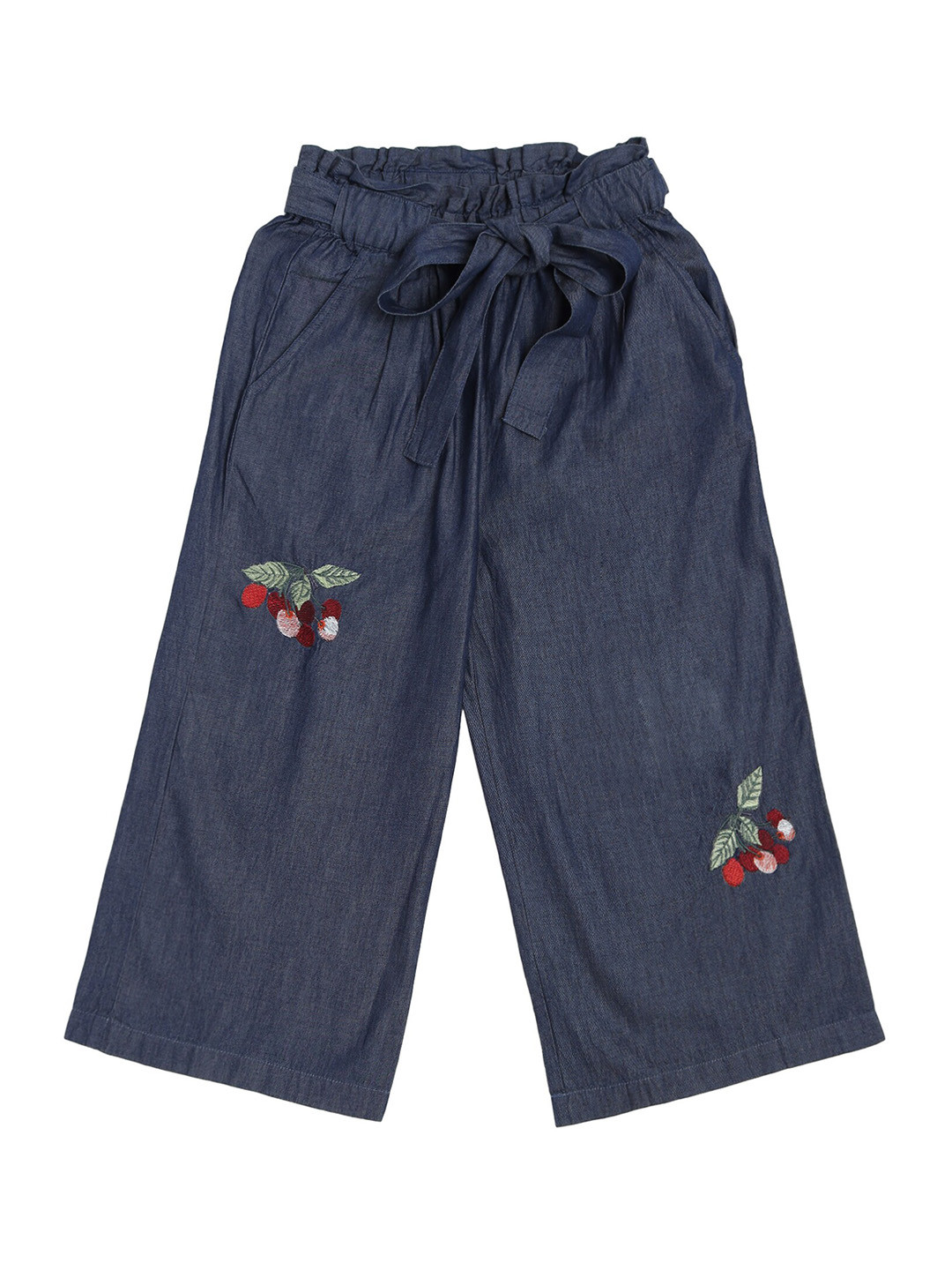 

Cantabil Girls Embroidered Denim Loose Fit Culottes Trousers, Navy blue