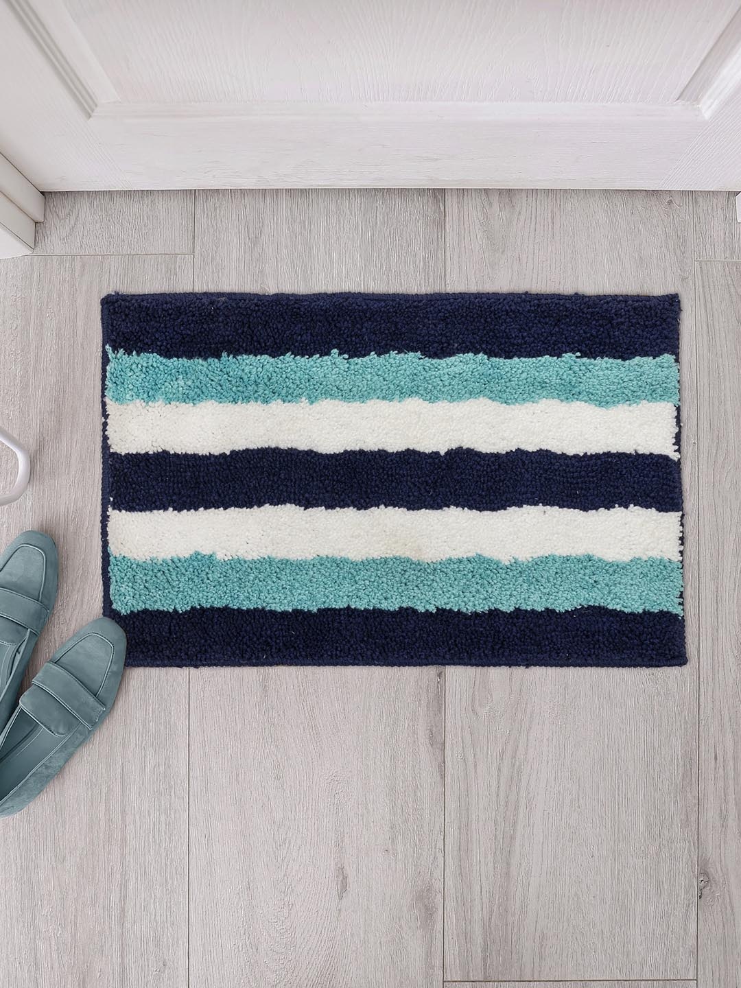 

HOMEMONDE Turquoise Blue & White Striped 2000 GSM Anti-Slip Rectangular Bath Rug