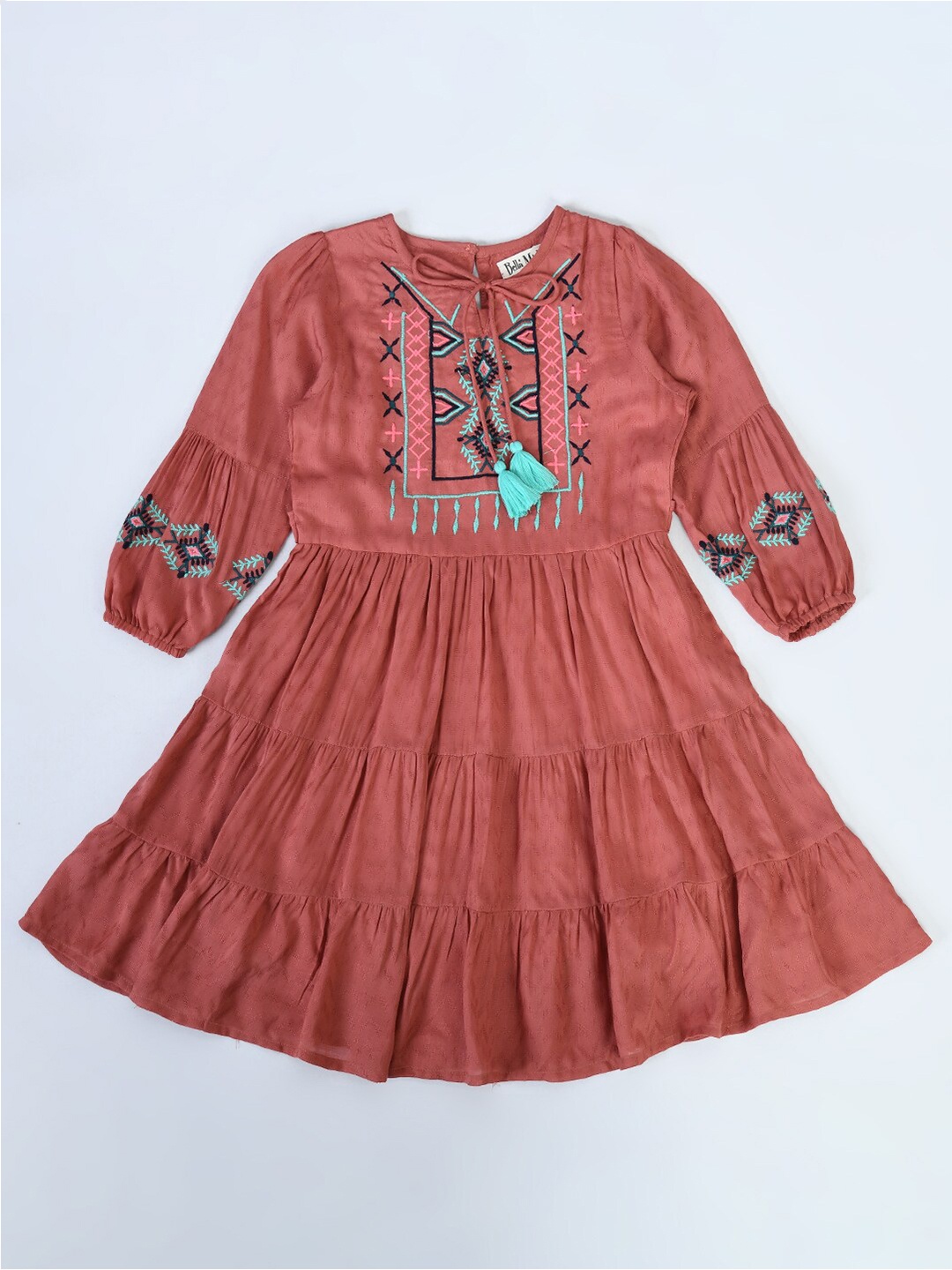 

Bella Moda Girls Round Neck Embroidery Tiered Pure Cotton Fit And Flare Dress, Rust