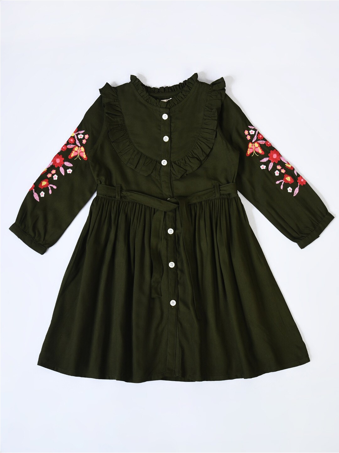 

Bella Moda Girls Ruffles Floral Embroidered Fit & Flare Cotton Dress, Olive