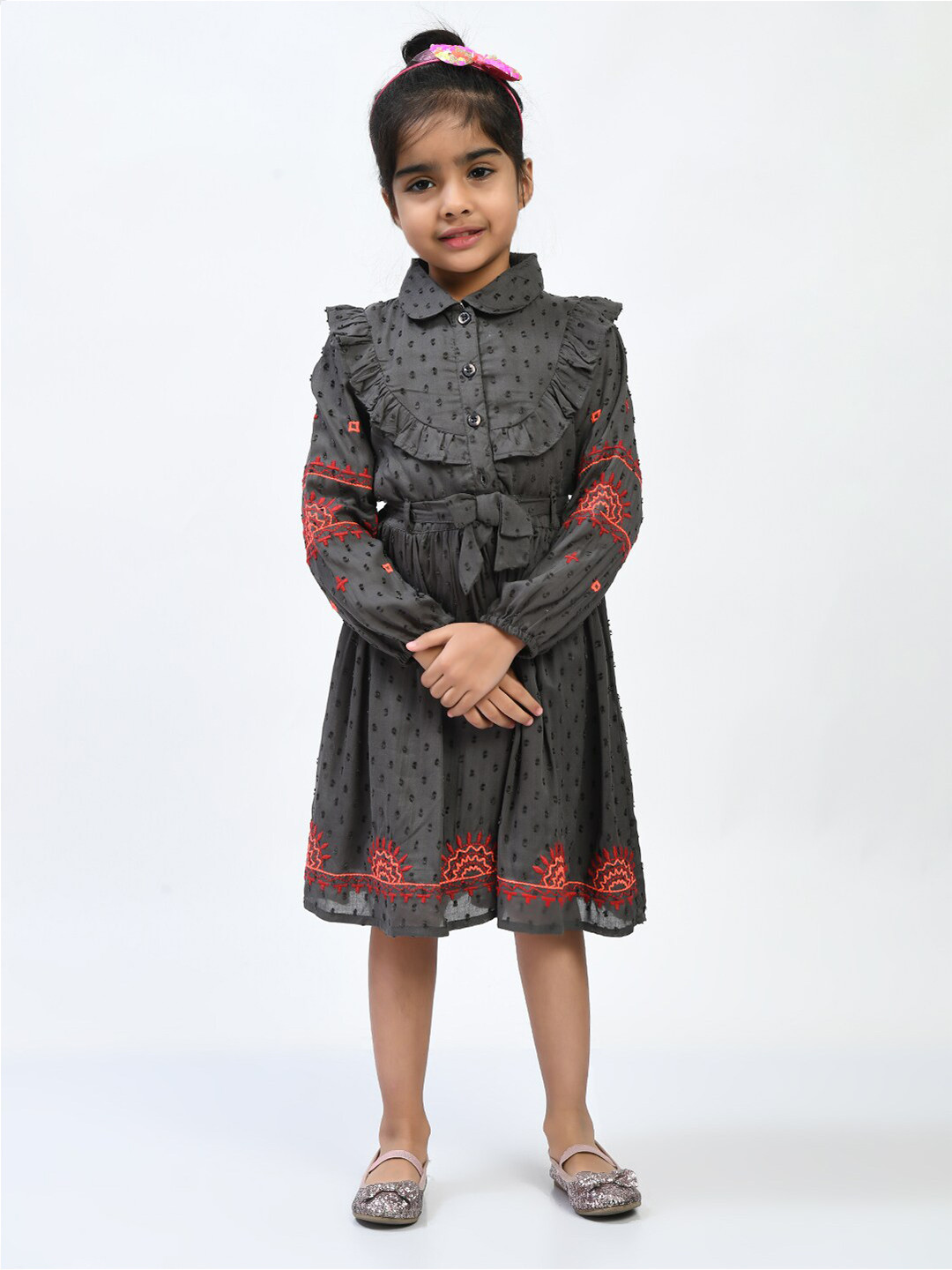 

Bella Moda Girls Shirt Collar Self Design Embroidered Detail Shirt Dress, Grey