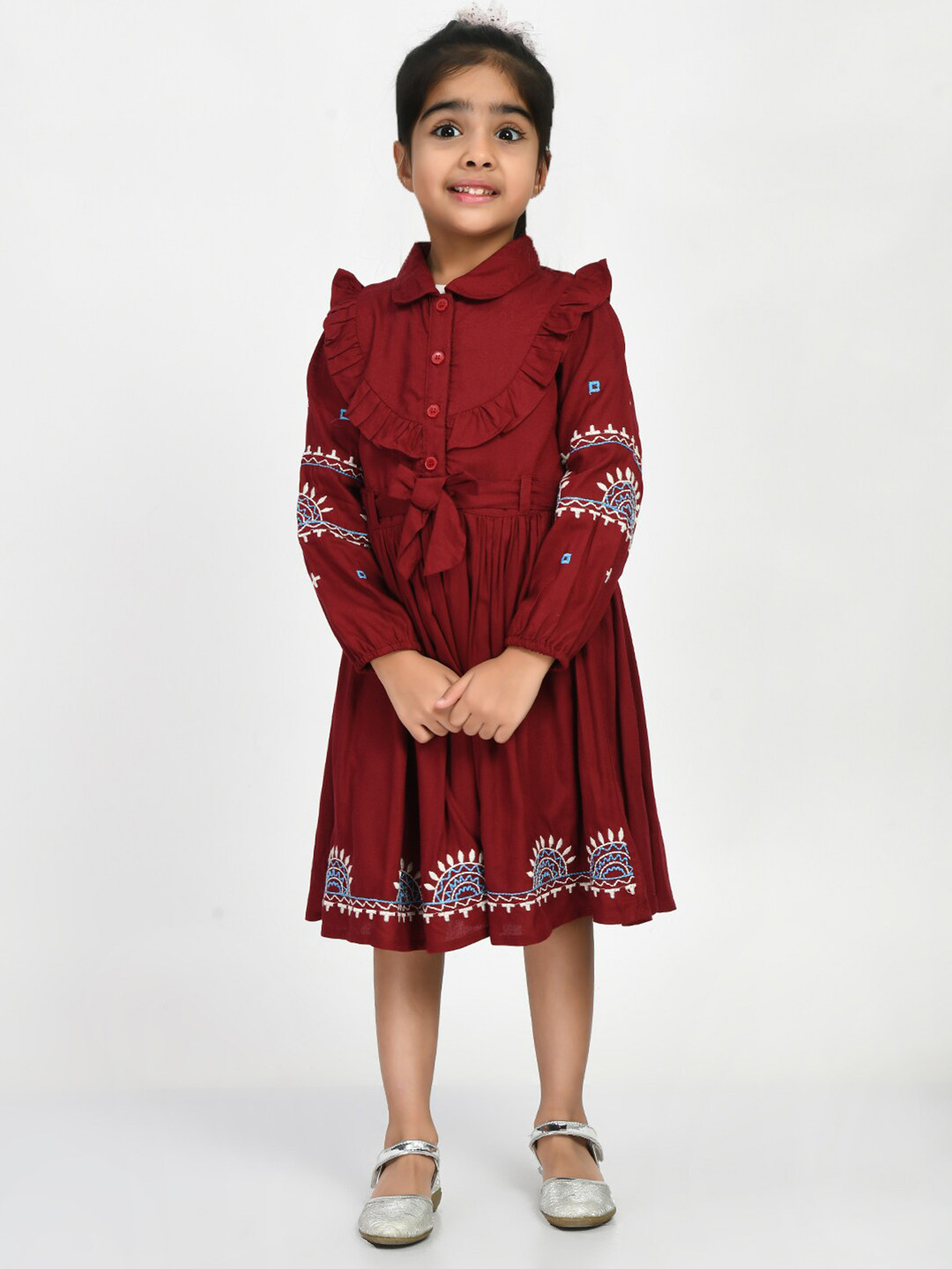 

Bella Moda Girls Shirt Collar Ethnic Motifs Embroidered Pure Cotton A-Line Dress, Maroon