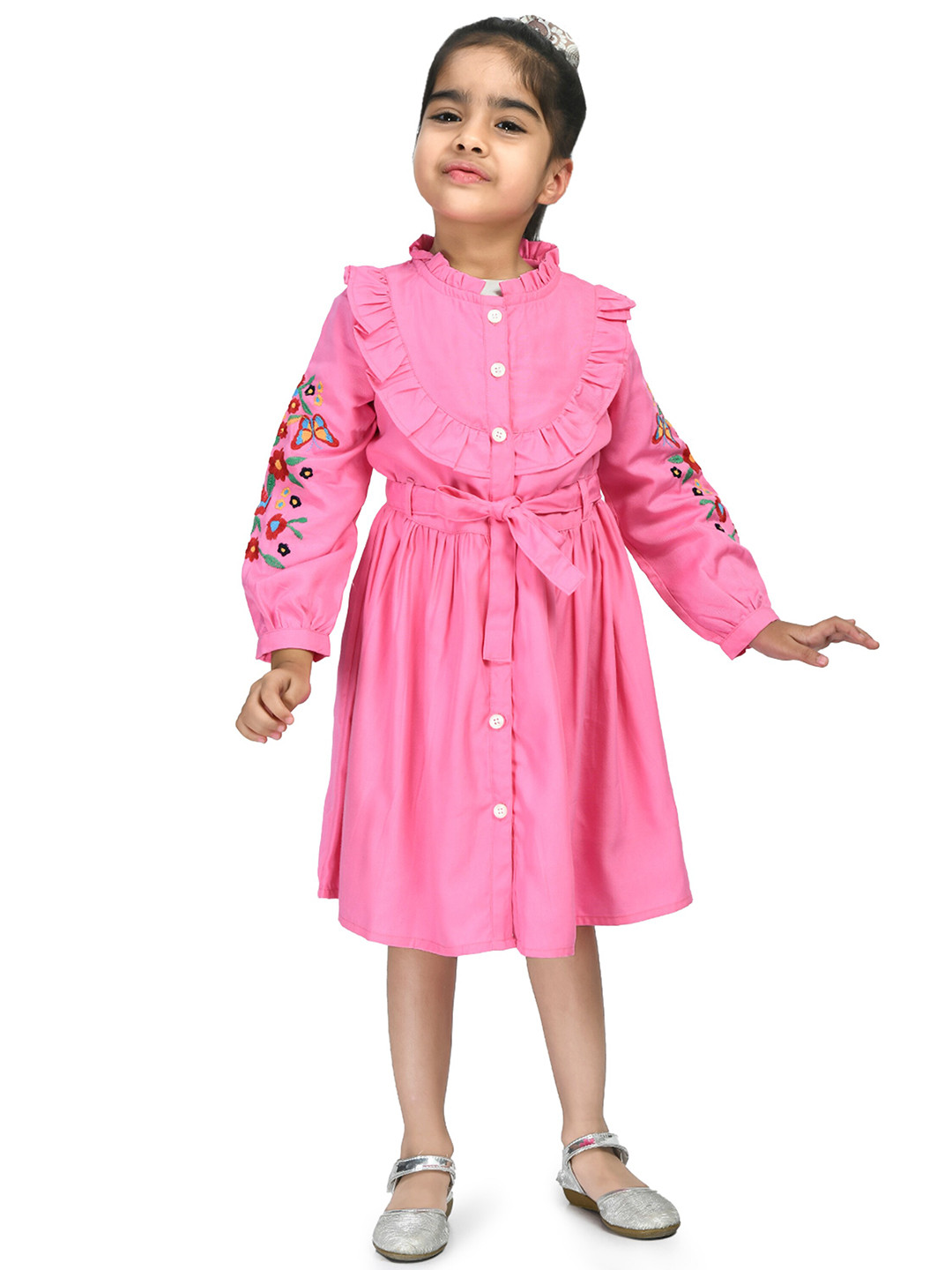 

Bella Moda Girls Mandarin Collar Floral Embroidered Pure Cotton A-Line Dress, Pink