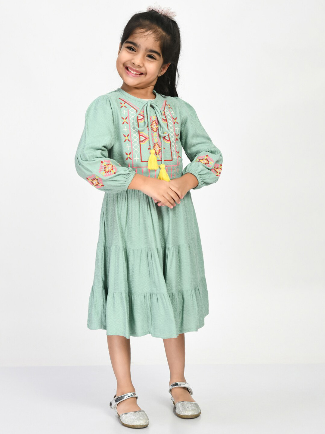 

Bella Moda Girls Ethnic Motifs Embroidered Pure Cotton A-Line Dress, Sea green