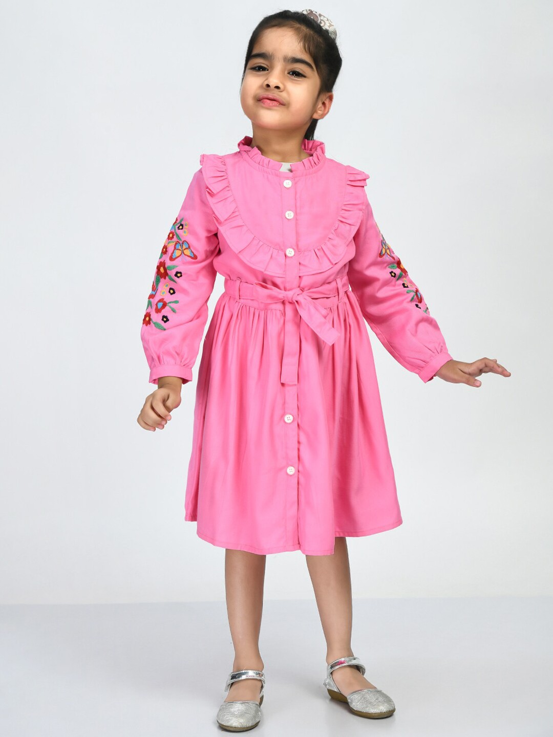 

Bella Moda Girls Floral Embroidered Pure Cotton Shirt Dress, Pink