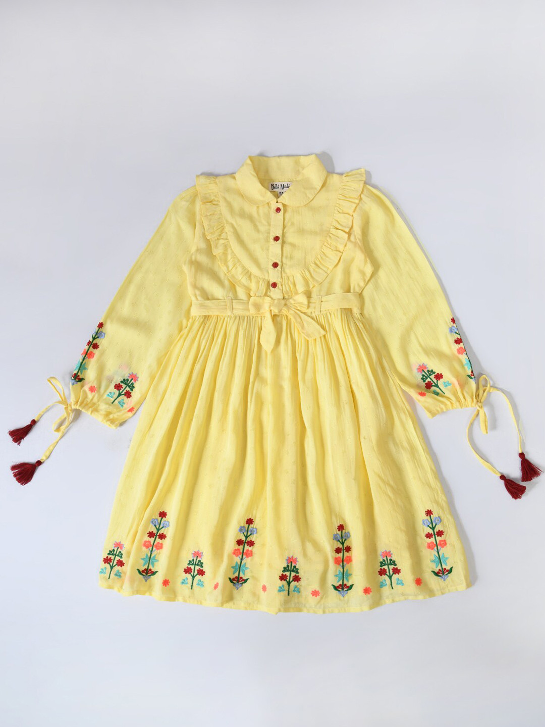 

Bella Moda Girls Shirt Collar Embroidery Fit & Flare Pure Cotton Dress, Yellow