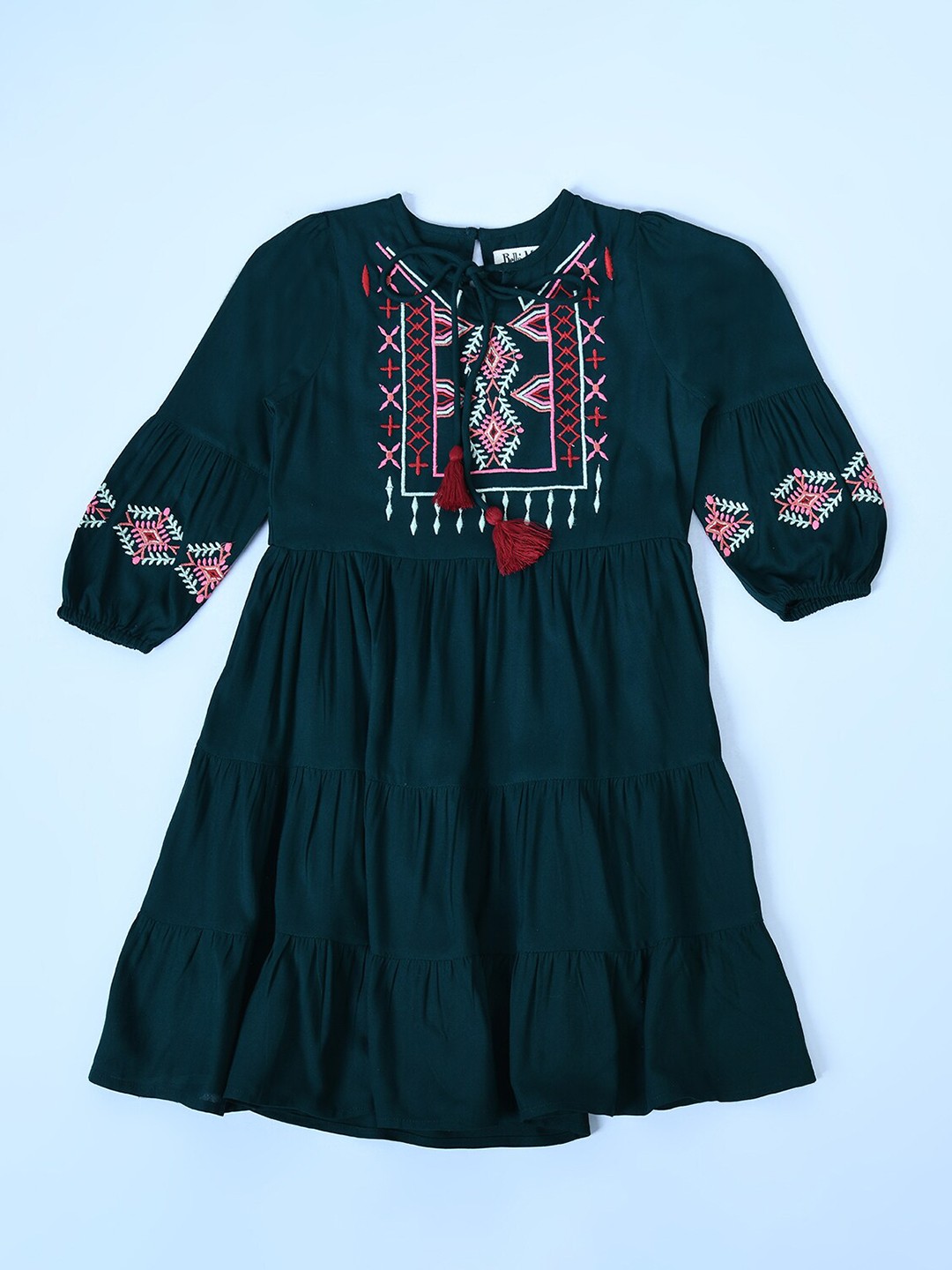 

Bella Moda Girls Tie-Up Neck Embroidery Tiered Fit & Flare Pure Cotton Dress, Green