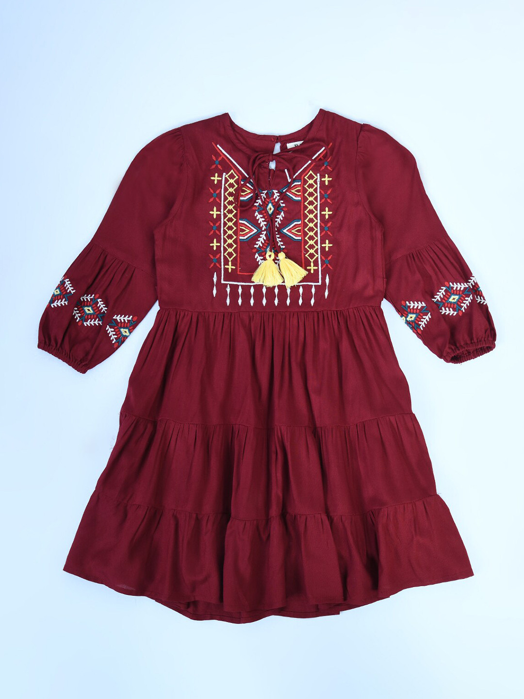 

Bella Moda Girls Tie-Up Neck Embroidery Tiered Fit & Flare Pure Cotton Dress, Maroon