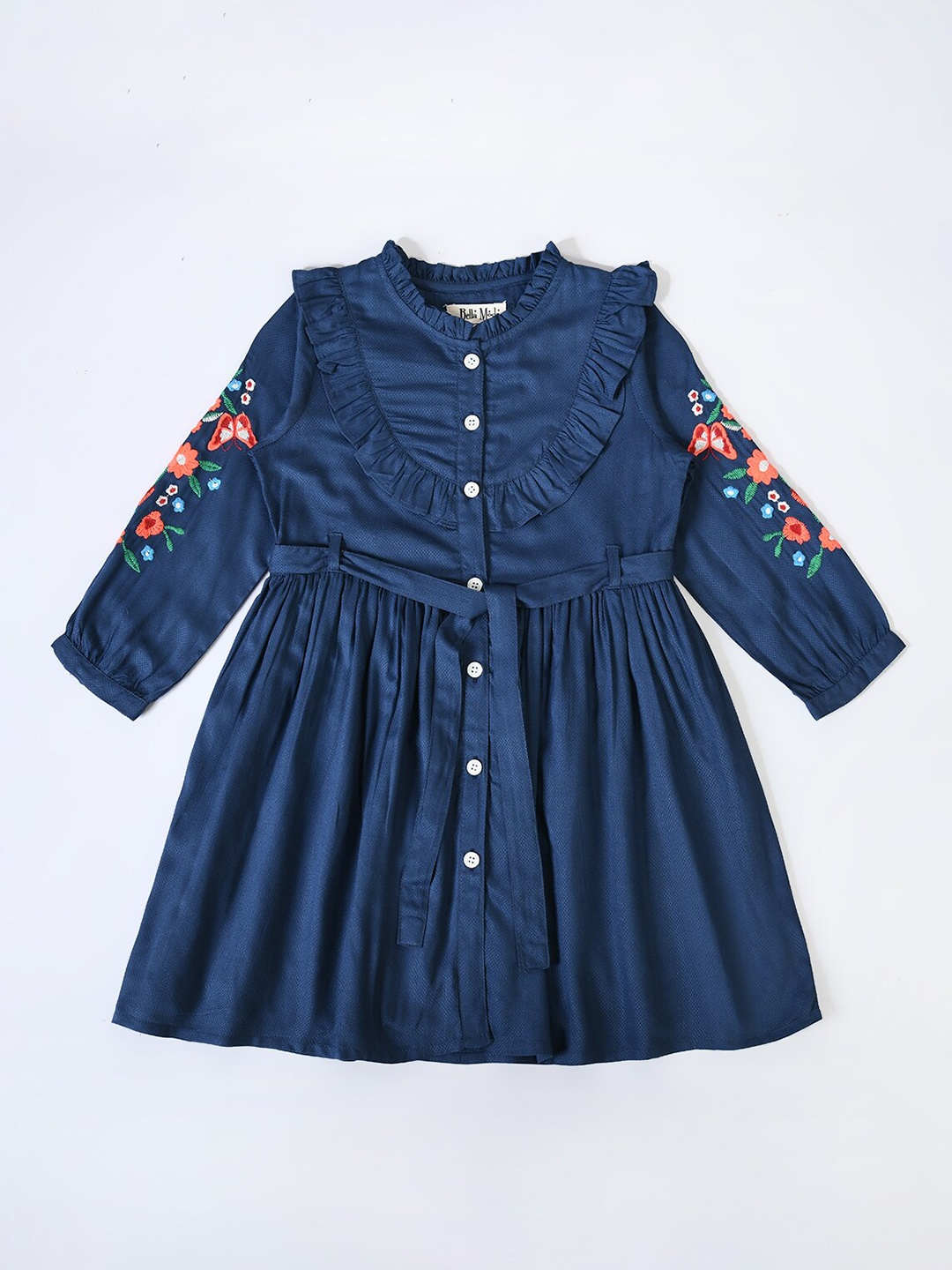 

Bella Moda Girls Round Neck Embroidery Ruffles Fit & Flare Pure Cotton Dress With Belt, Navy blue