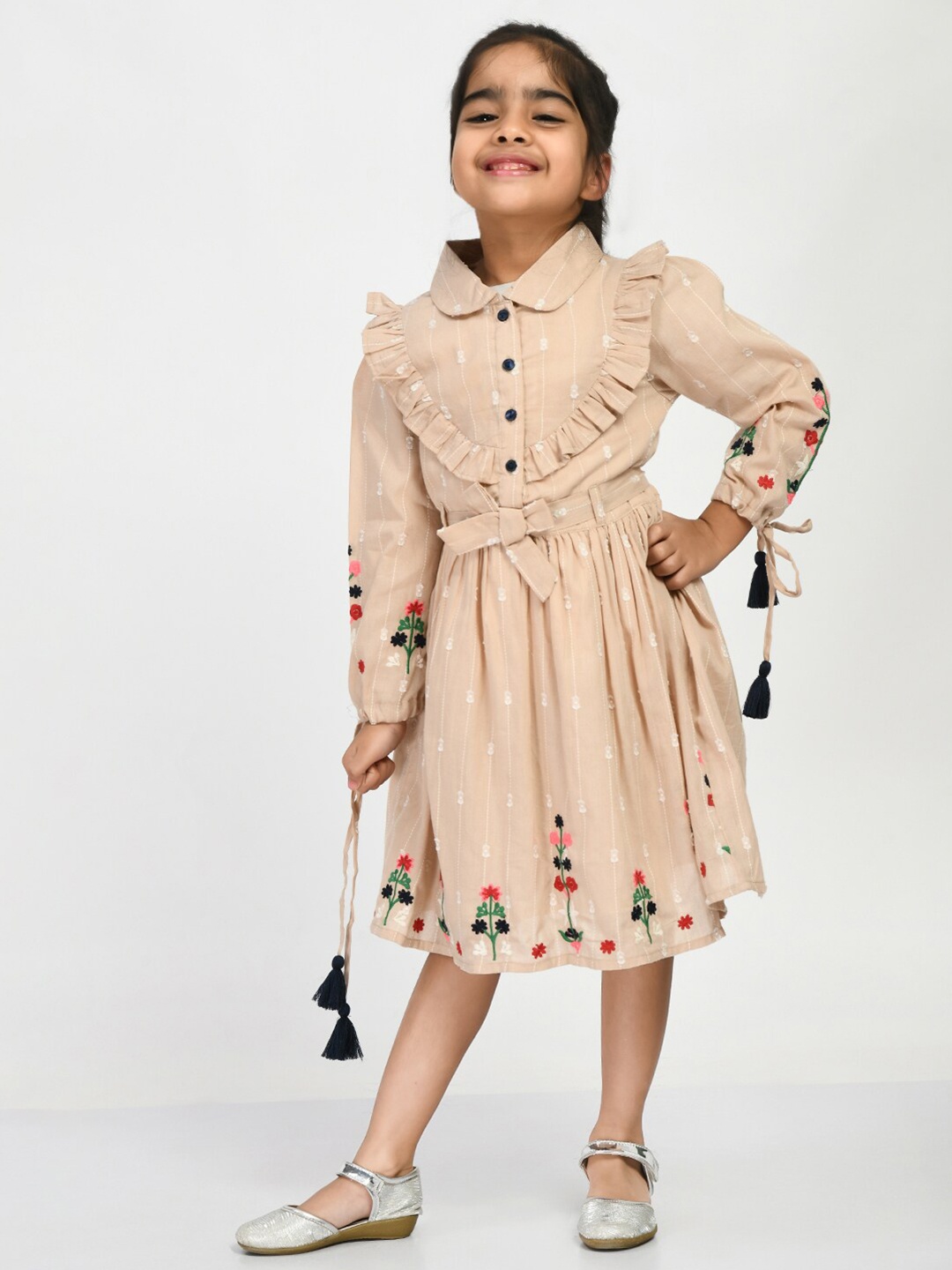 

Bella Moda Girls Floral Embroidered Fit & Flare Cotton Dress, Beige