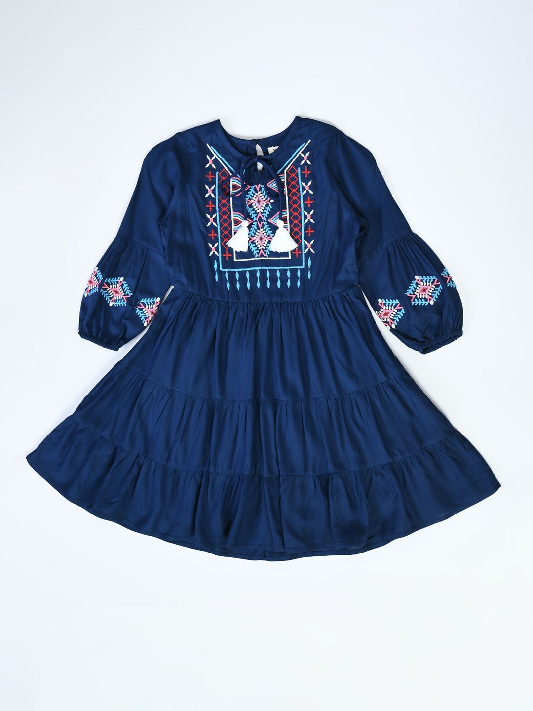 

Bella Moda Tie-Up Neck Tiered Embroidered Cotton Dress, Navy blue