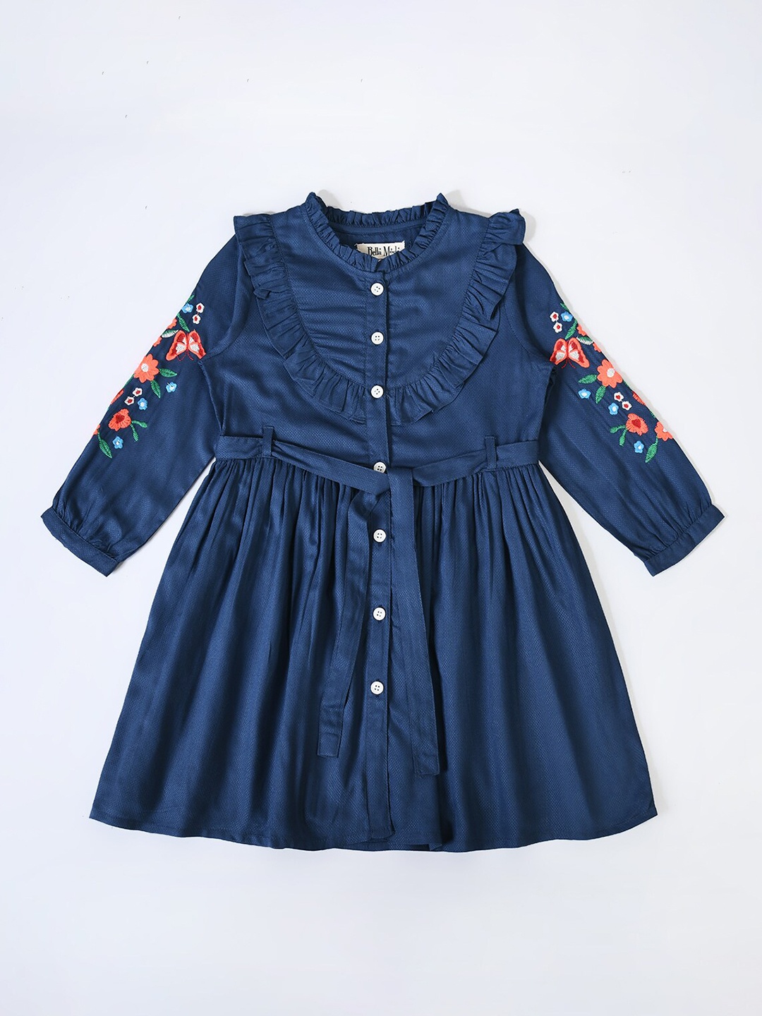

Bella Moda Girls Ruffles Floral Embroidered Fit & Flare Cotton Dress, Navy blue