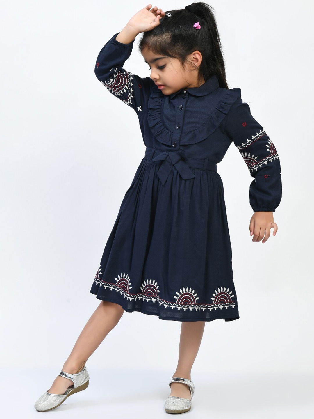 

Bella Moda Girls Shirt Collar Self Design Embroidered Detail Shirt Dress, Navy blue