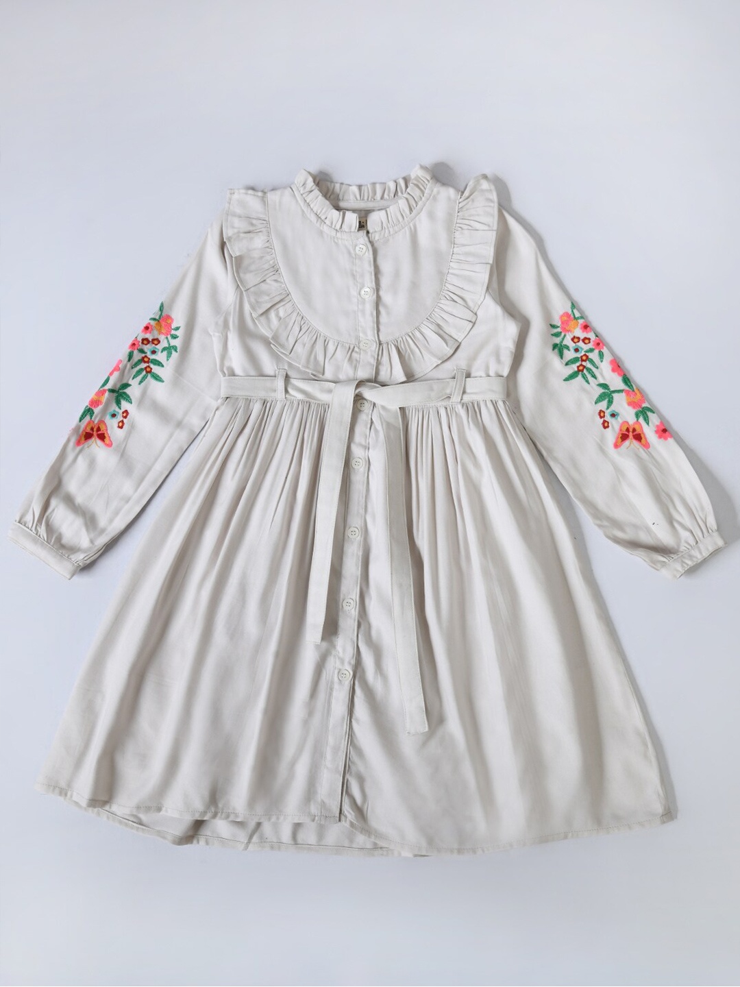 

Bella Moda Girls Mandarin Collar Puff Sleeves Embroidered Fit and Flare Dress, White
