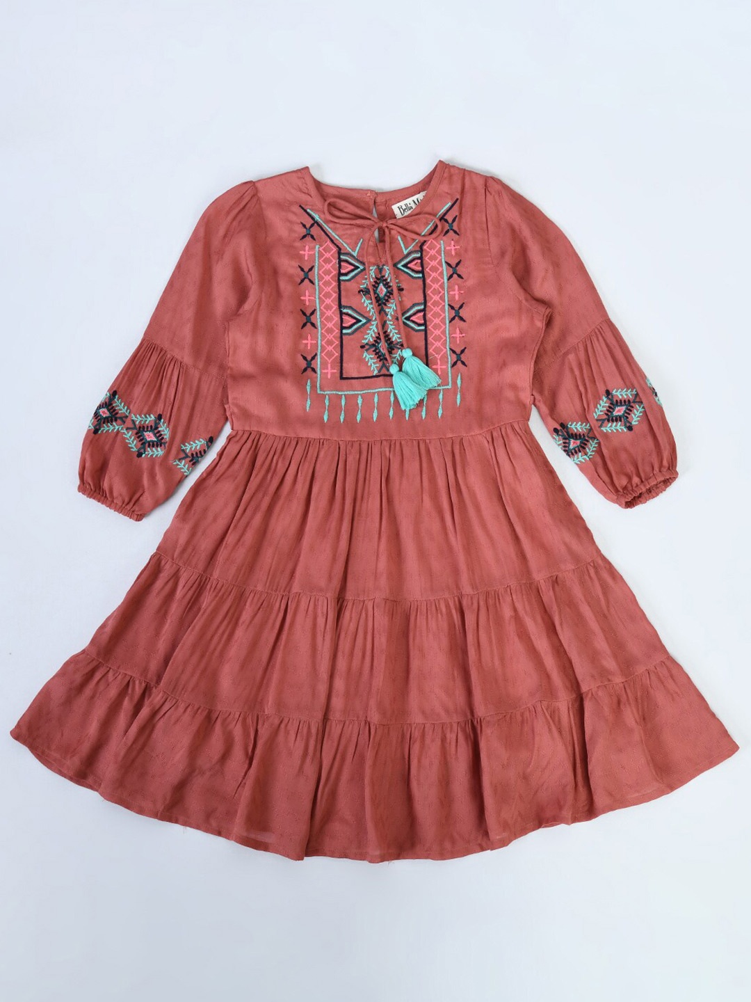 

Bella Moda Girls Tie Up Neck Embroidered A-Line Fit and Flare Dress, Rust