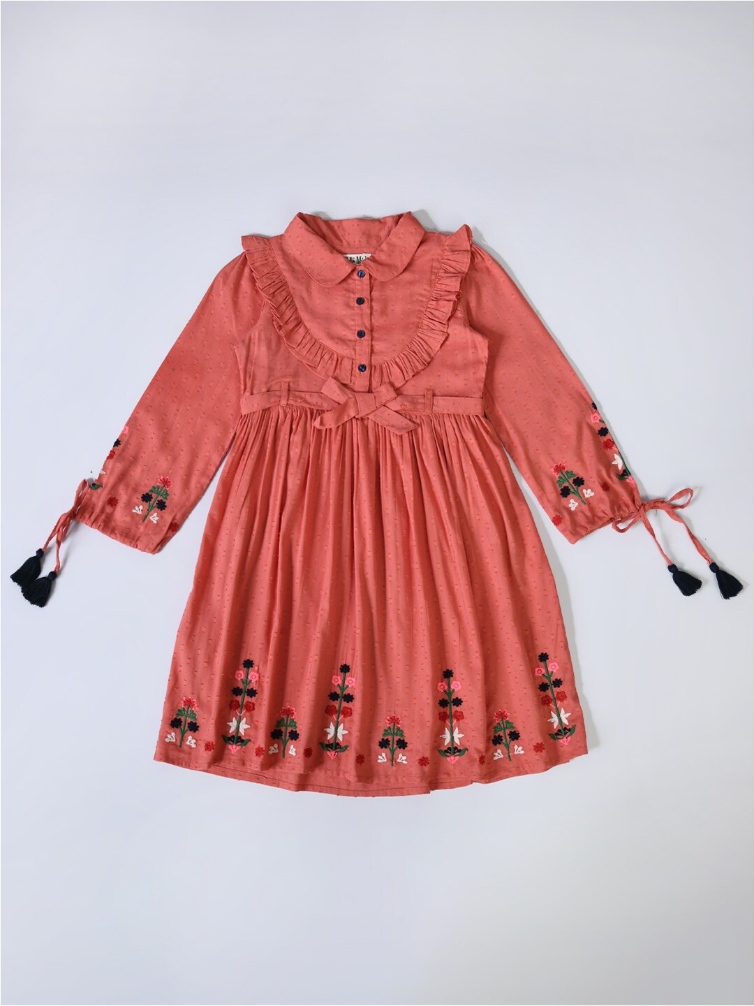 

Bella Moda Girls Floral Embroidered Shirt Collar Cotton Fit and Flare Dress, Rust