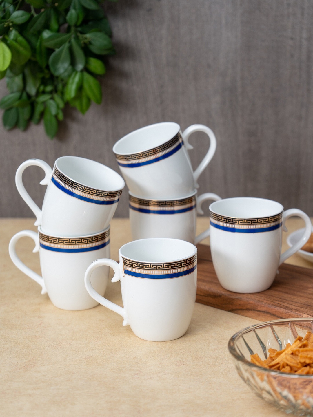 

JCPL White & Blue 6 Pcs Printed Ceramic Glossy Cups 180 ml Each