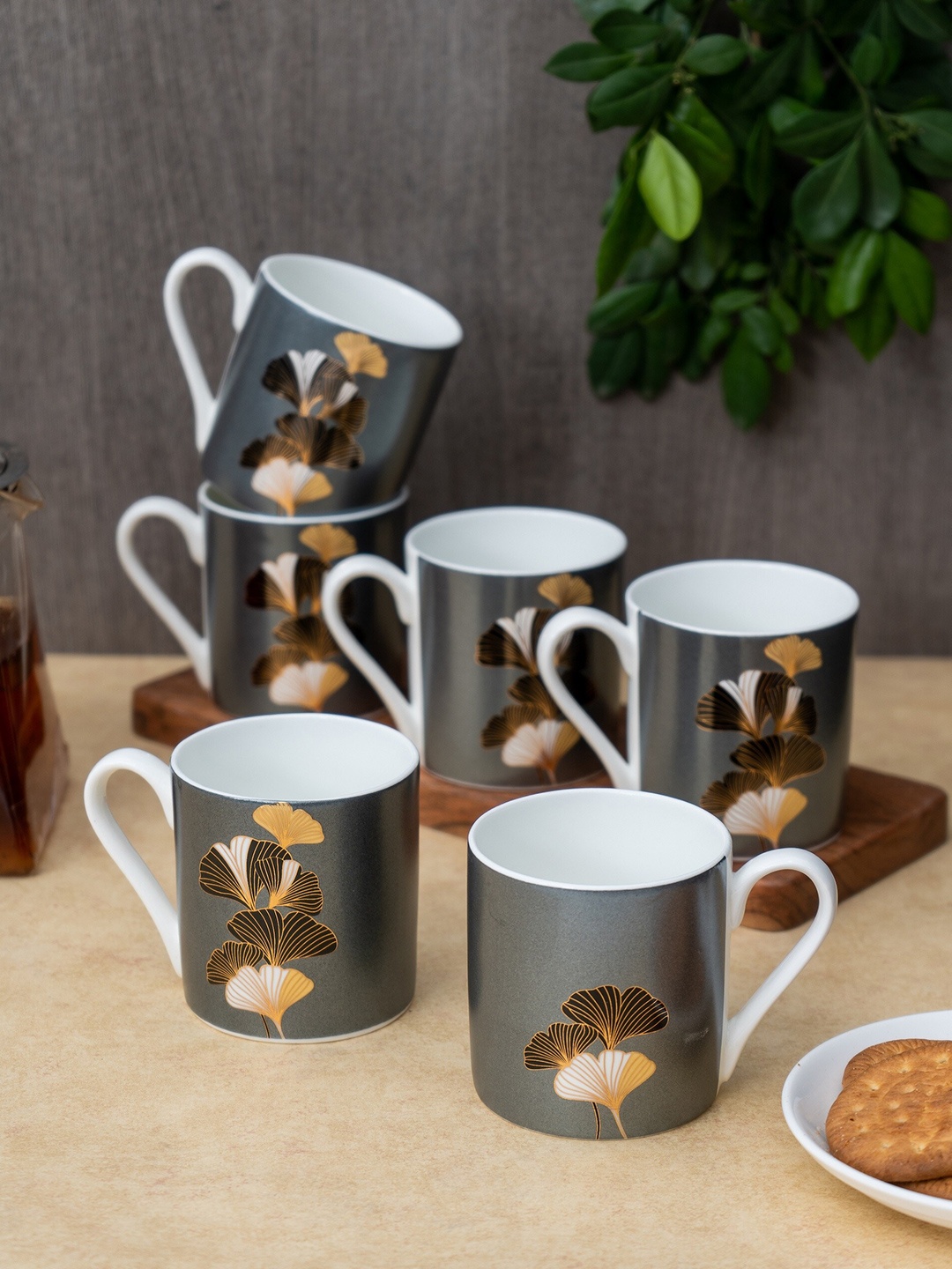 

JCPL Grey & White 6 Pcs Printed Ceramic Glossy Mugs 180 ml Each