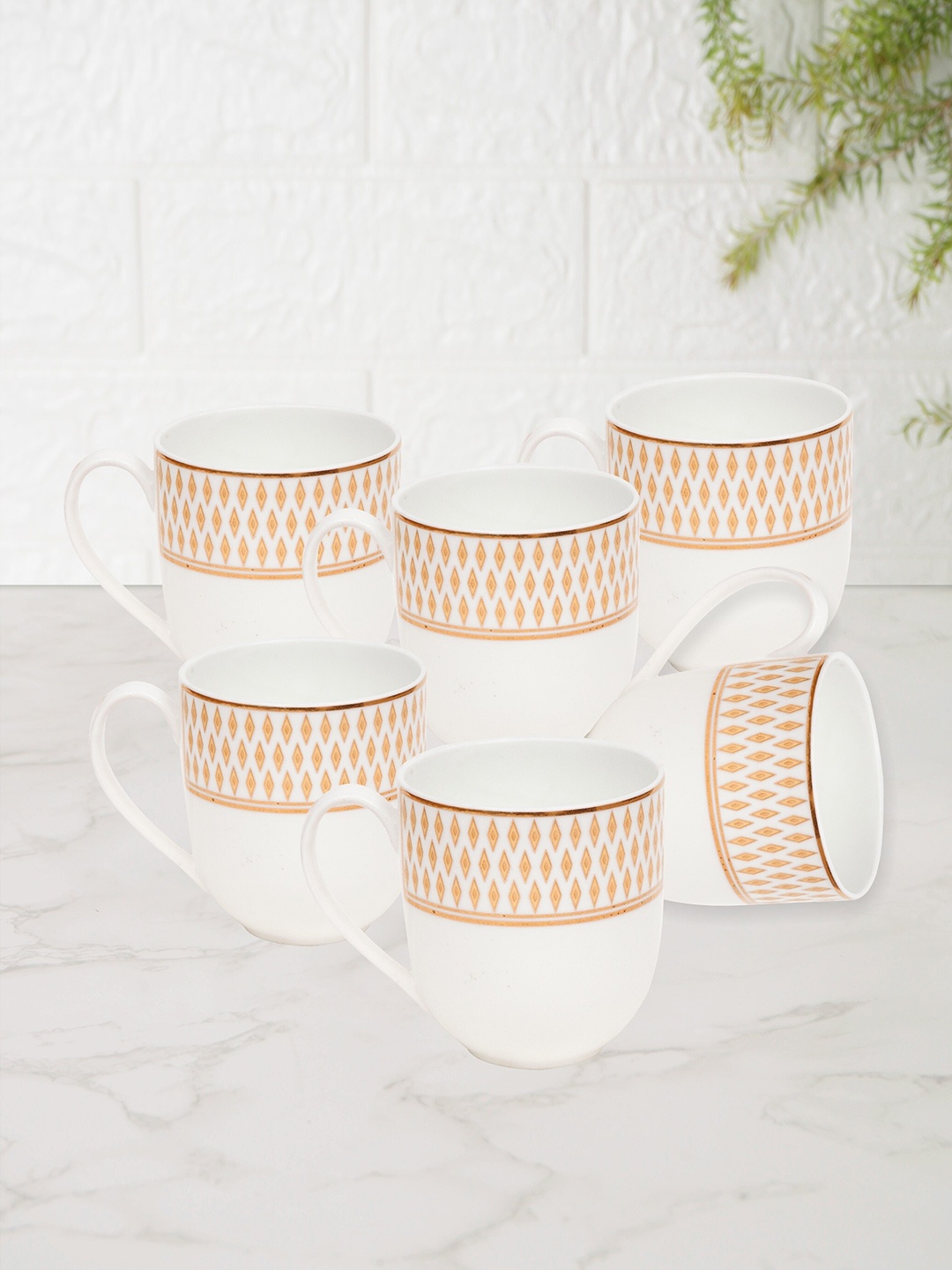 

JCPL White & Beige 6 Pcs Printed Ceramic Glossy Mugs 180 ml Each