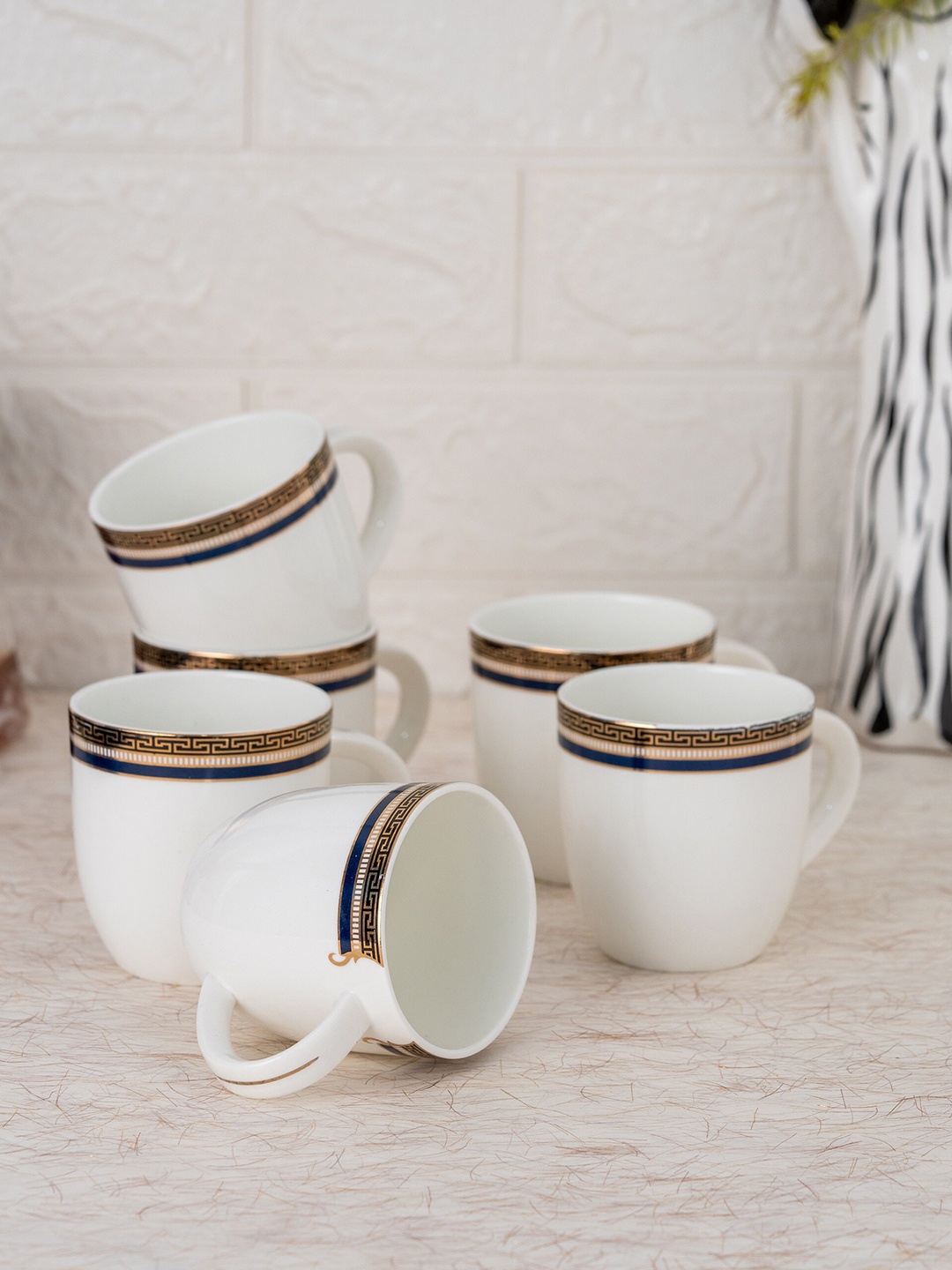 

JCPL White & Blue 6 Pcs Printed Ceramic Glossy Mugs 180 ml Each