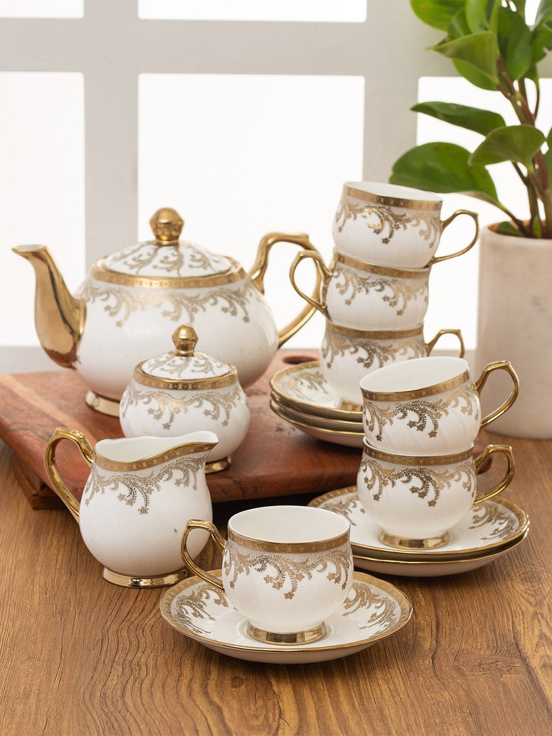 

JCPL White & Gold-Toned 15 Pcs Printed Ceramic Glossy Kettle Set