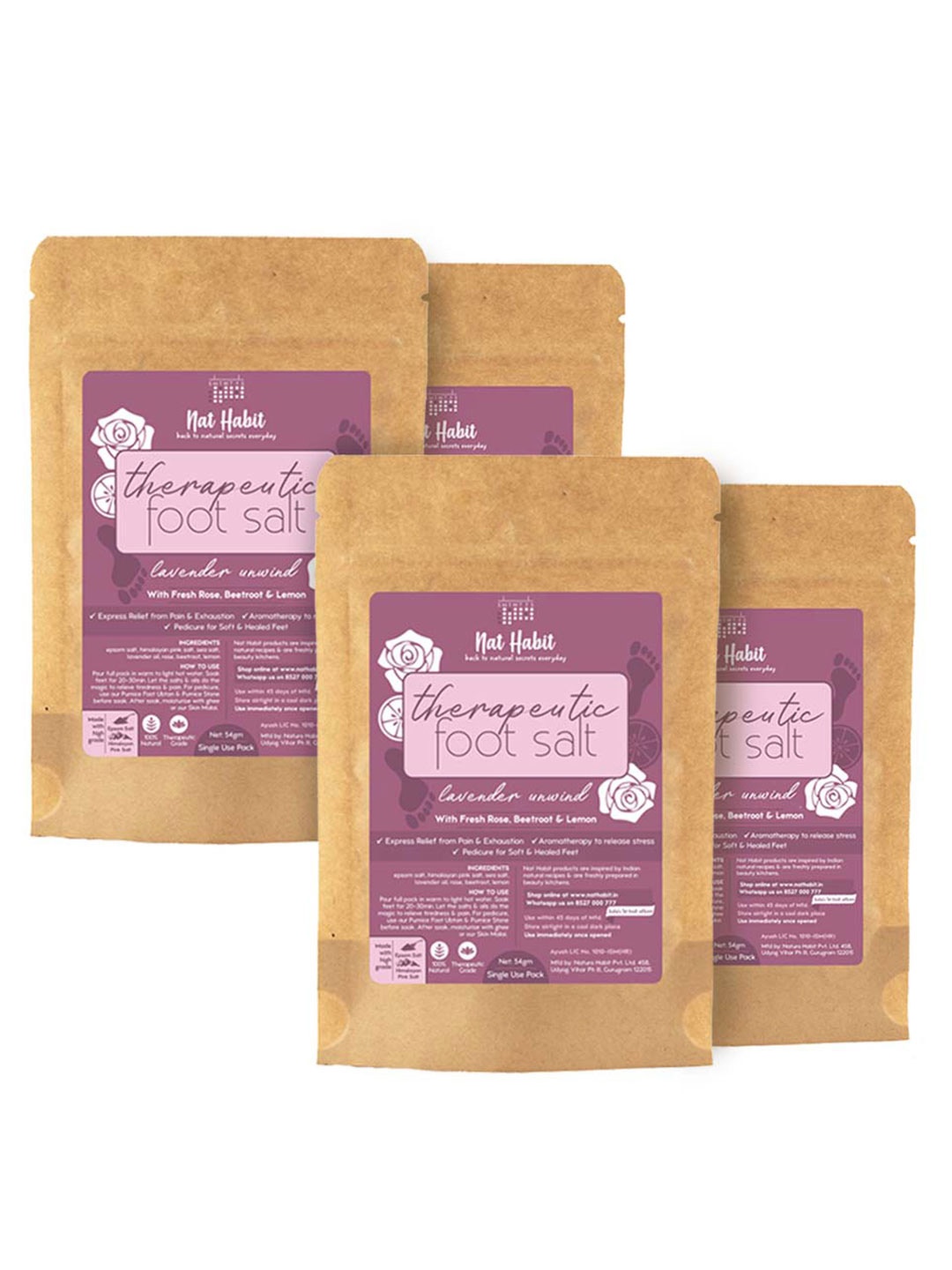 

Nat Habit Therapeutic Set Of 4 Fresh Lavender Unwind Foot Salt 54 gm Each, Purple