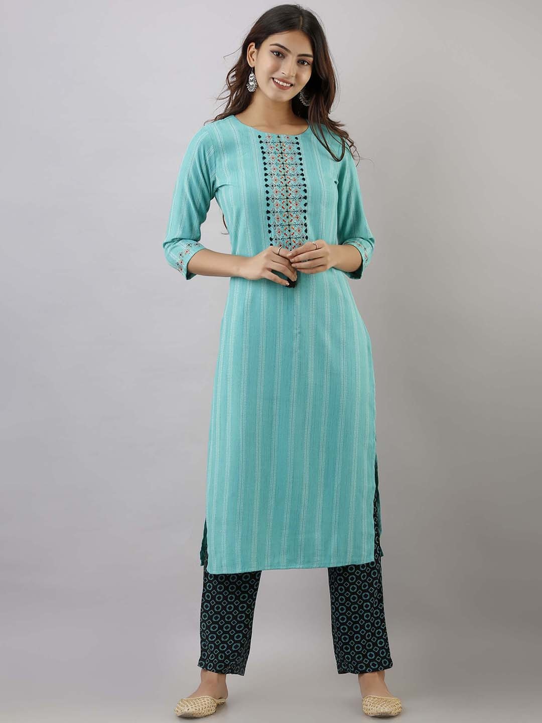 

Pankvi Straight Embroidered Kantha Work Kurta with Trousers, Turquoise blue