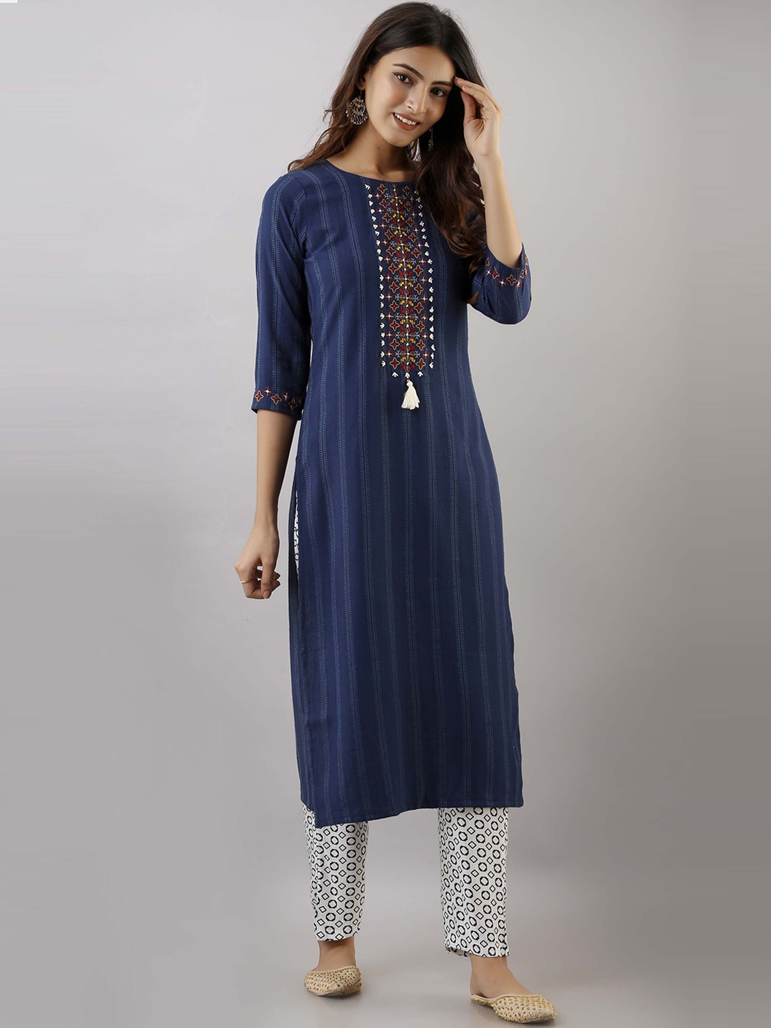 

Pankvi Straight Embroidered Kantha Work Kurta with Trousers, Blue