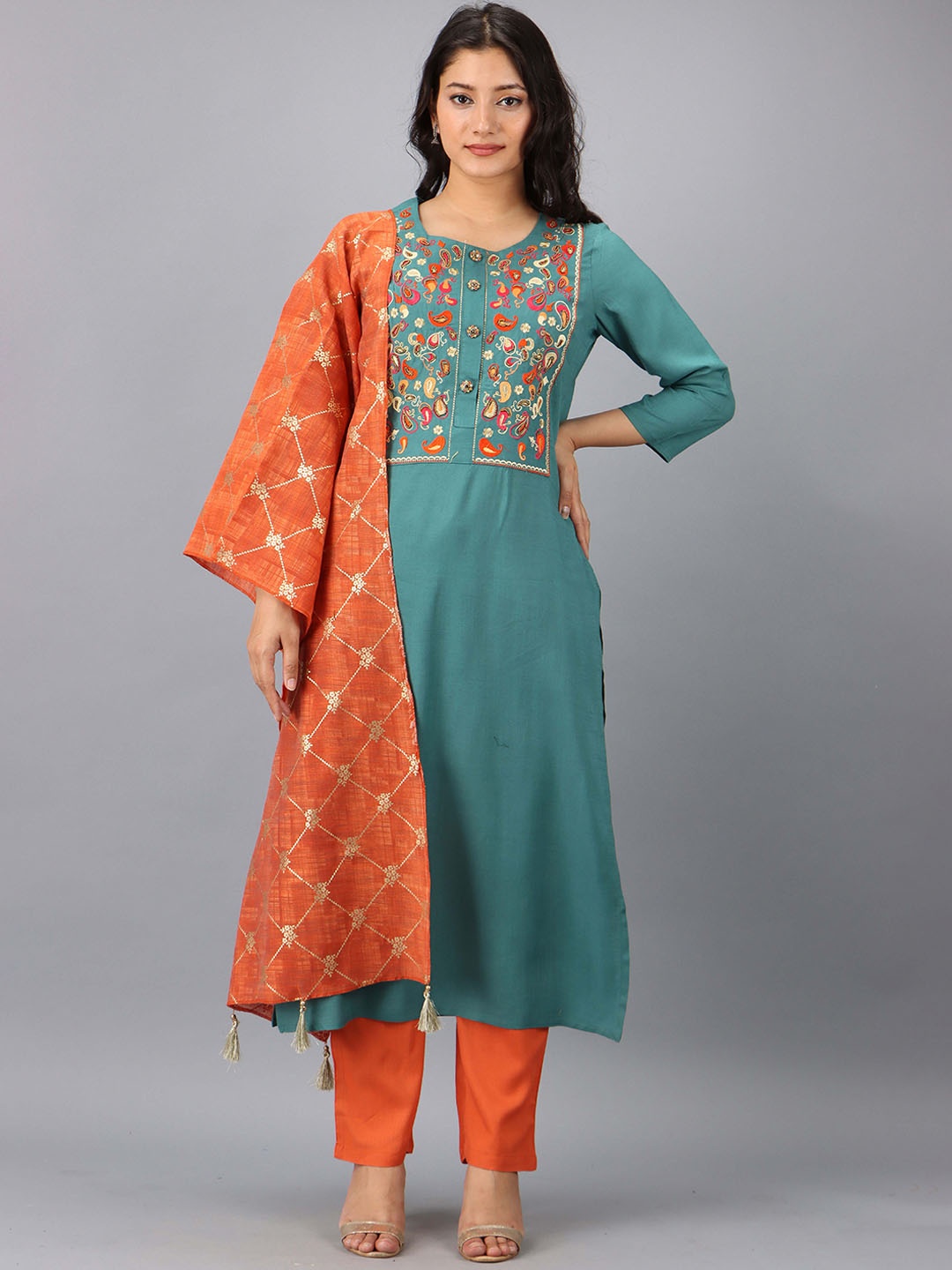 

Pankvi Straight Ethnic Motifs Embroidered Thread Work Kurta with Trousers & Dupatta, Turquoise blue