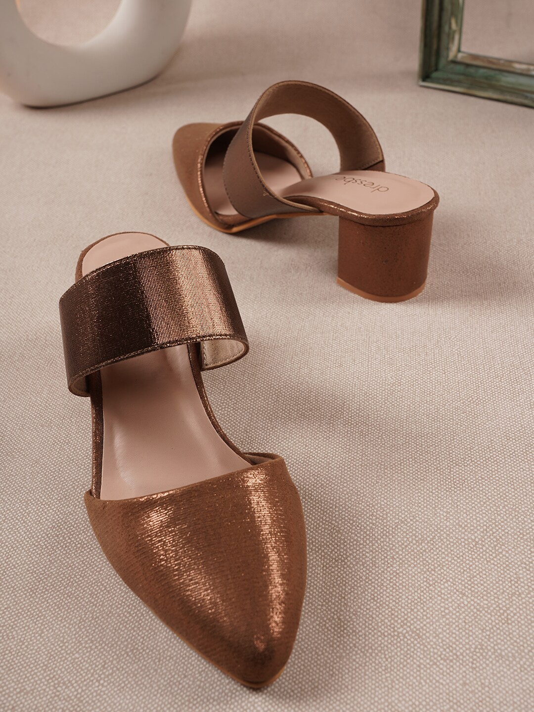 

DressBerry Pointed Toe Block Mules, Copper