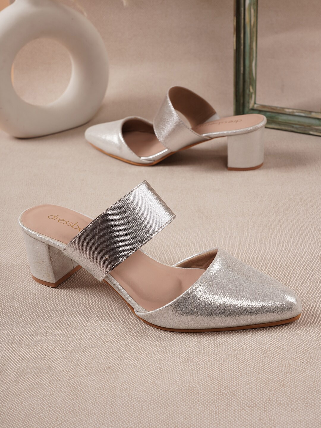 

DressBerry Pointed Toe Block Mules, Silver