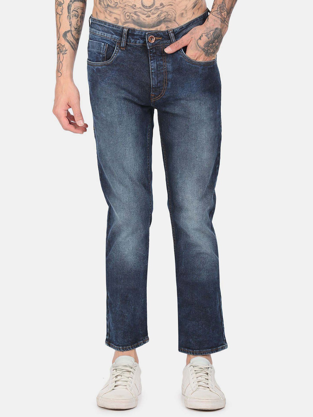 

Flying Machine Men Heavy Fade Cropped Cotton Mid Rise Tapered Fit Jeans, Blue