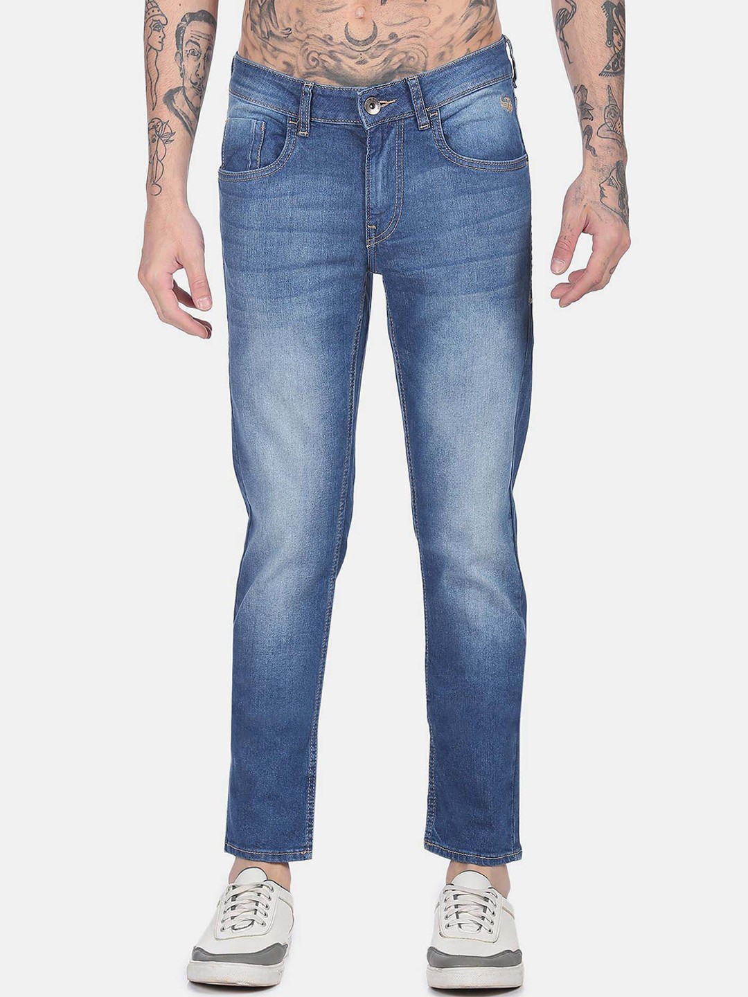 

Flying Machine Men Slim Fit Low Distress Heavy Fade Cotton Jeans, Blue