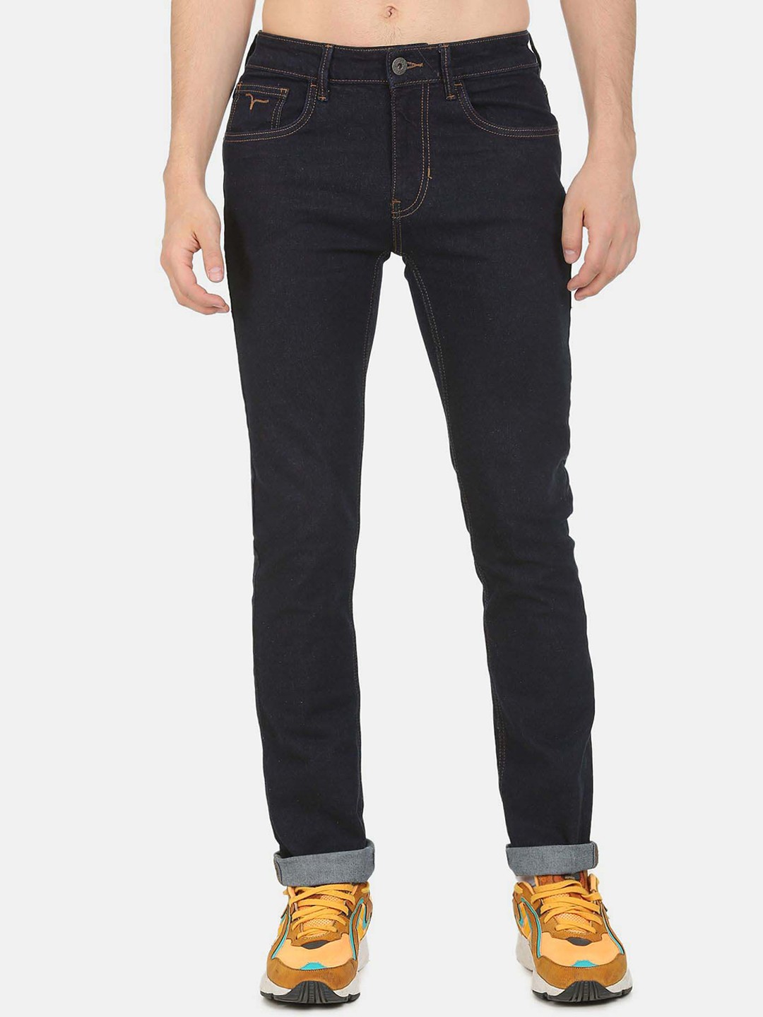 

Flying Machine Men Cuffed Hem Slim Fit Low Distress Stretchable Jeans, Blue